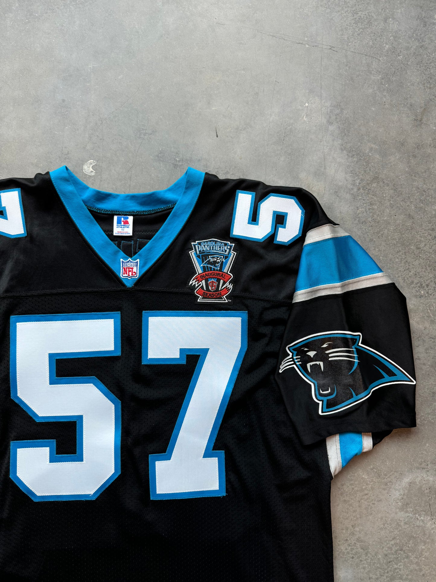 1995 Carolina Panthers Lamar Lathon Inaugural Season Black Russell Athletic Pro Model Fully Embroidered NFL On Field Jersey (52/XXL)