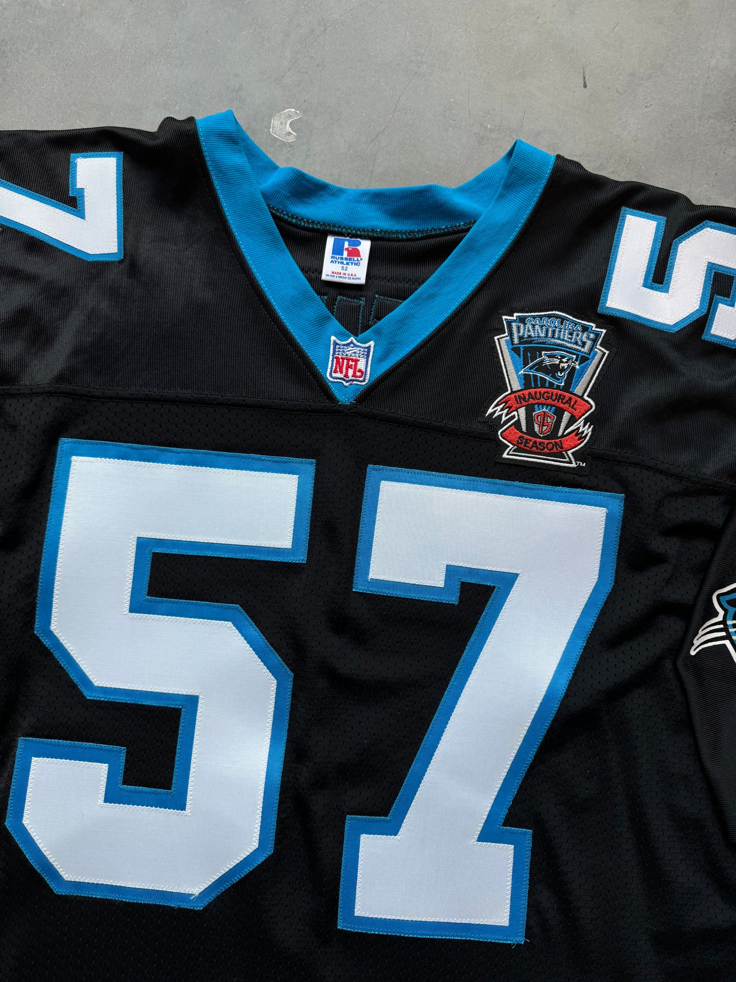 1995 Carolina Panthers Lamar Lathon Inaugural Season Black Russell Athletic Pro Model Fully Embroidered NFL On Field Jersey (52/XXL)