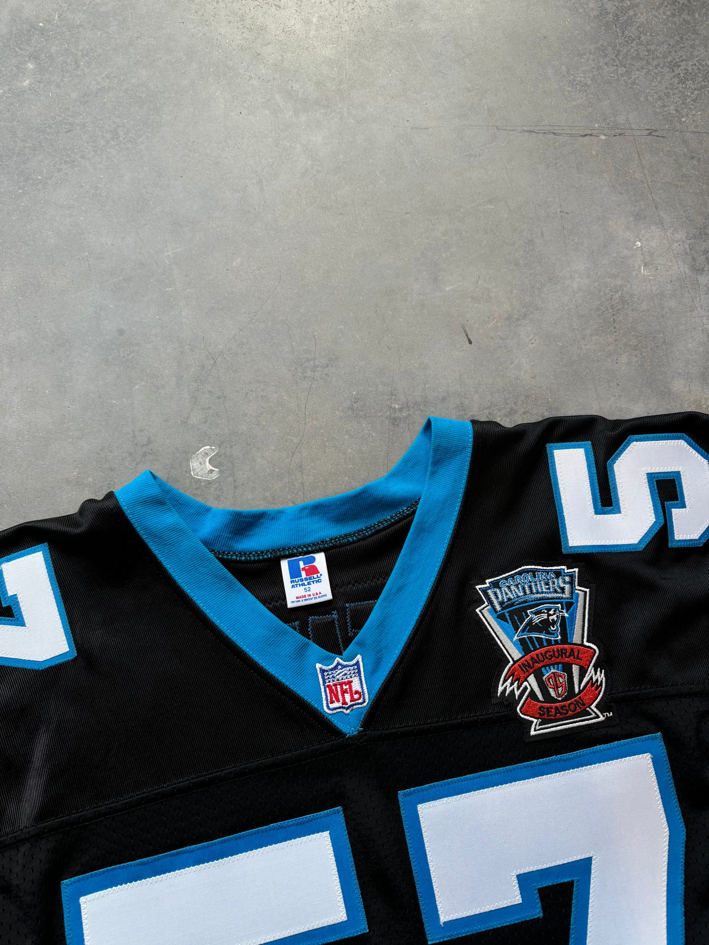 1995 Carolina Panthers Lamar Lathon Inaugural Season Black Russell Athletic Pro Model Fully Embroidered NFL On Field Jersey (52/XXL)