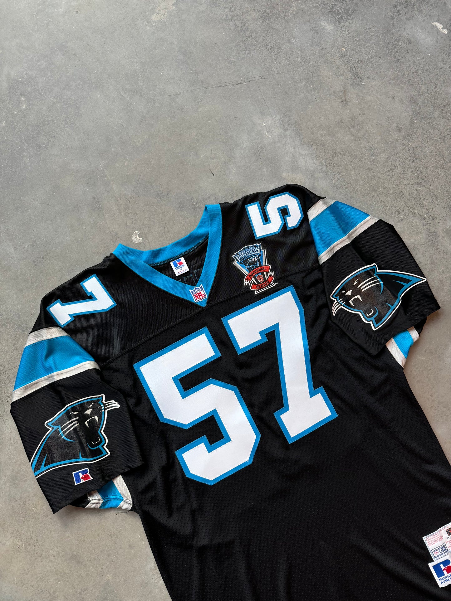 1995 Carolina Panthers Lamar Lathon Inaugural Season Black Russell Athletic Pro Model Fully Embroidered NFL On Field Jersey (52/XXL)