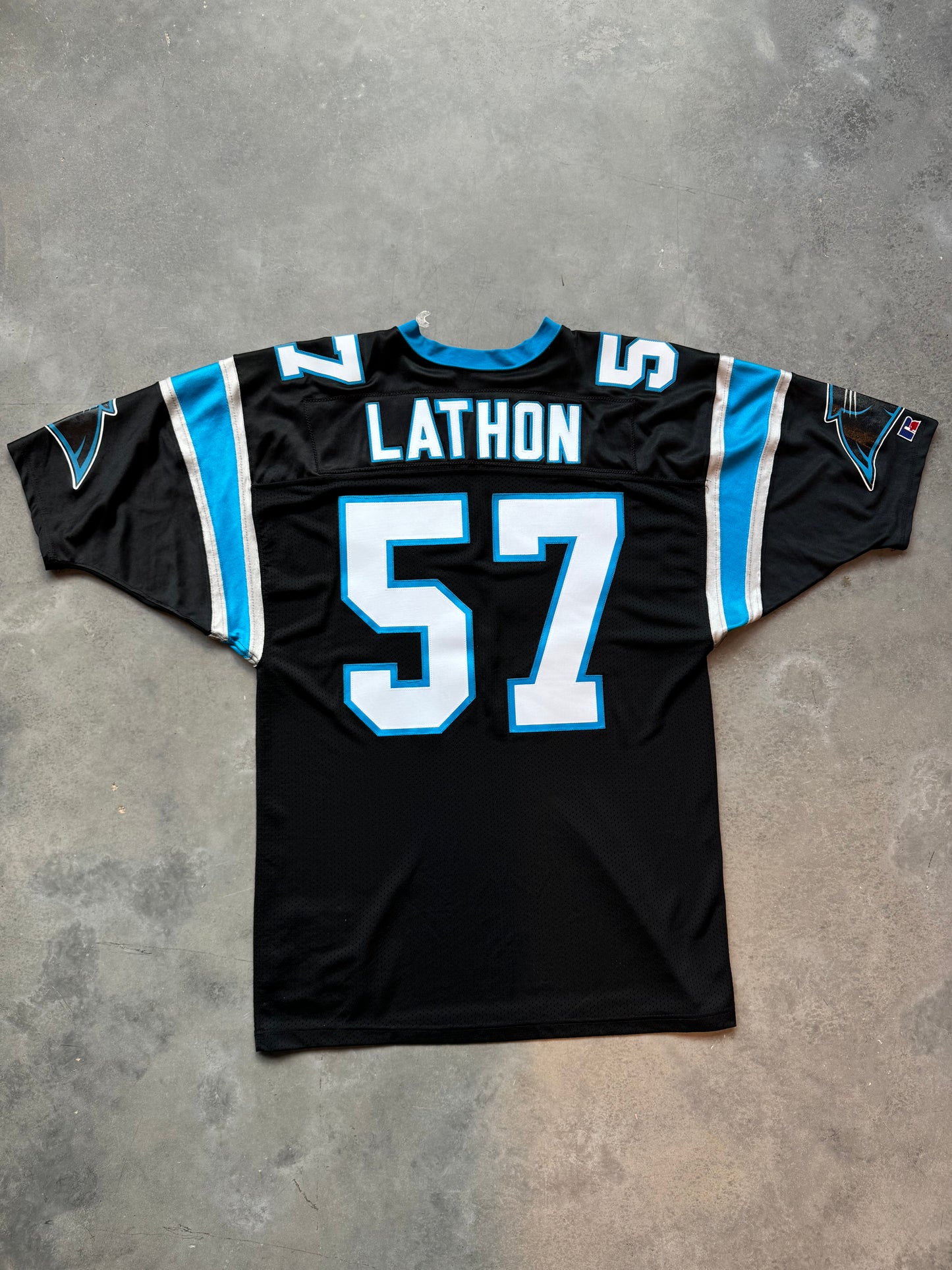 1995 Carolina Panthers Lamar Lathon Inaugural Season Black Russell Athletic Pro Model Fully Embroidered NFL On Field Jersey (52/XXL)