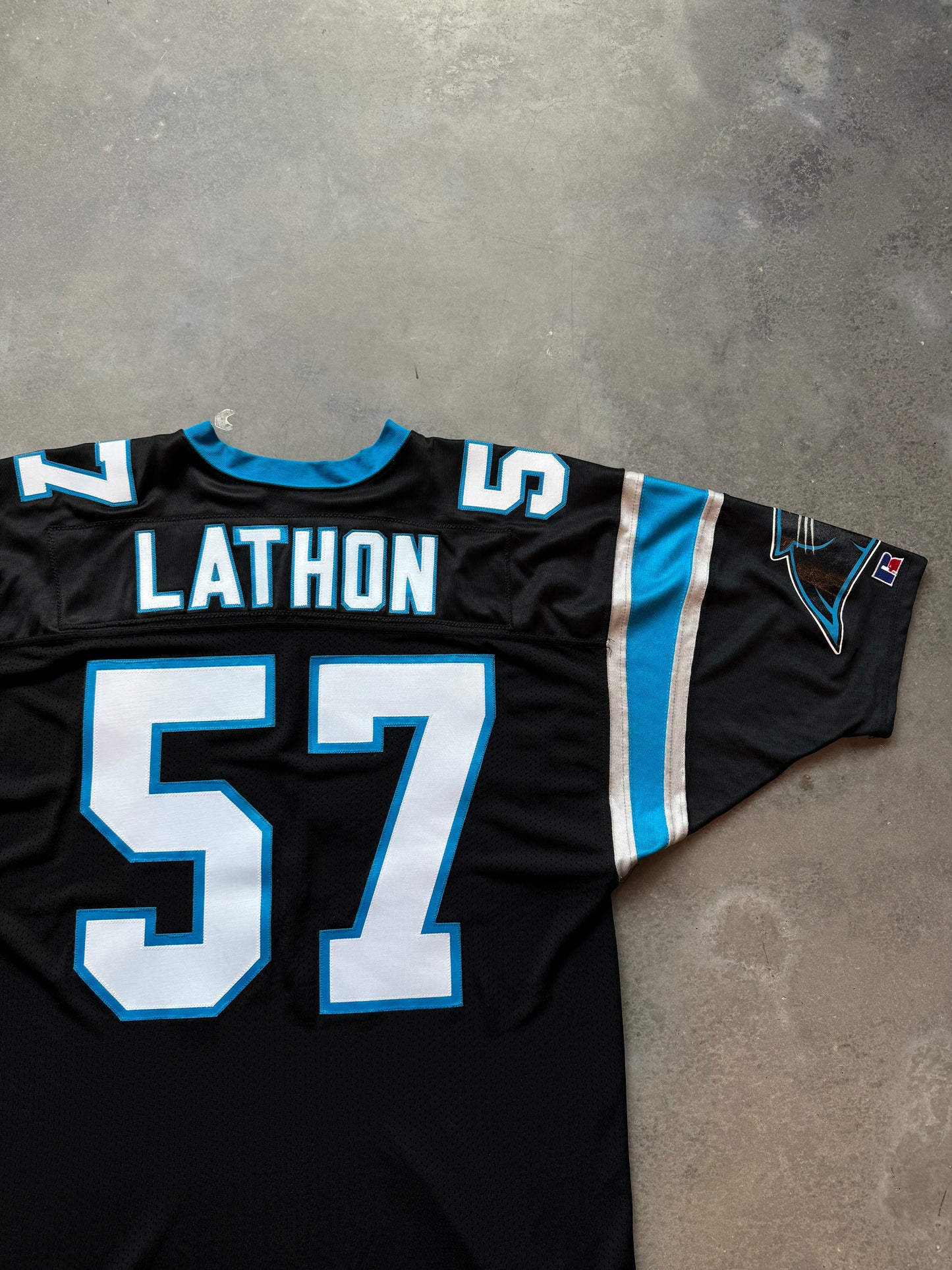 1995 Carolina Panthers Lamar Lathon Inaugural Season Black Russell Athletic Pro Model Fully Embroidered NFL On Field Jersey (52/XXL)