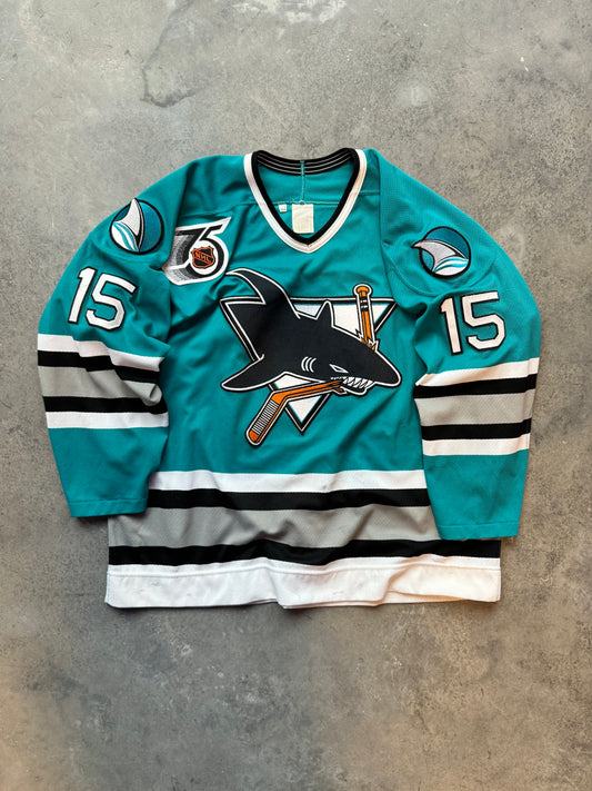 1991/1992 San Jose Sharks David Bruce Inaugural Season Vintage Teal CCM Game Worn Pro Cut NHL Hockey Jersey (52/XL)