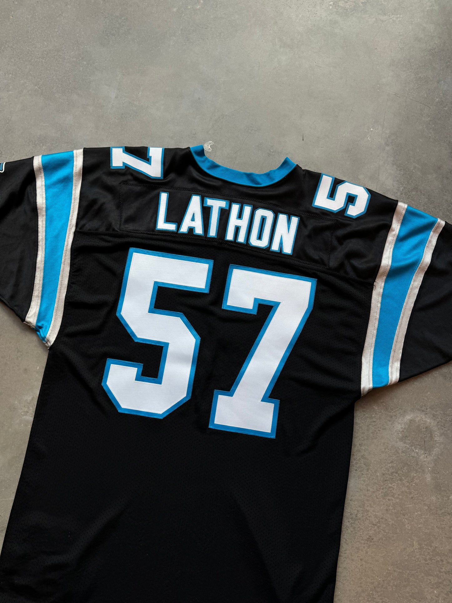 1995 Carolina Panthers Lamar Lathon Inaugural Season Black Russell Athletic Pro Model Fully Embroidered NFL On Field Jersey (52/XXL)