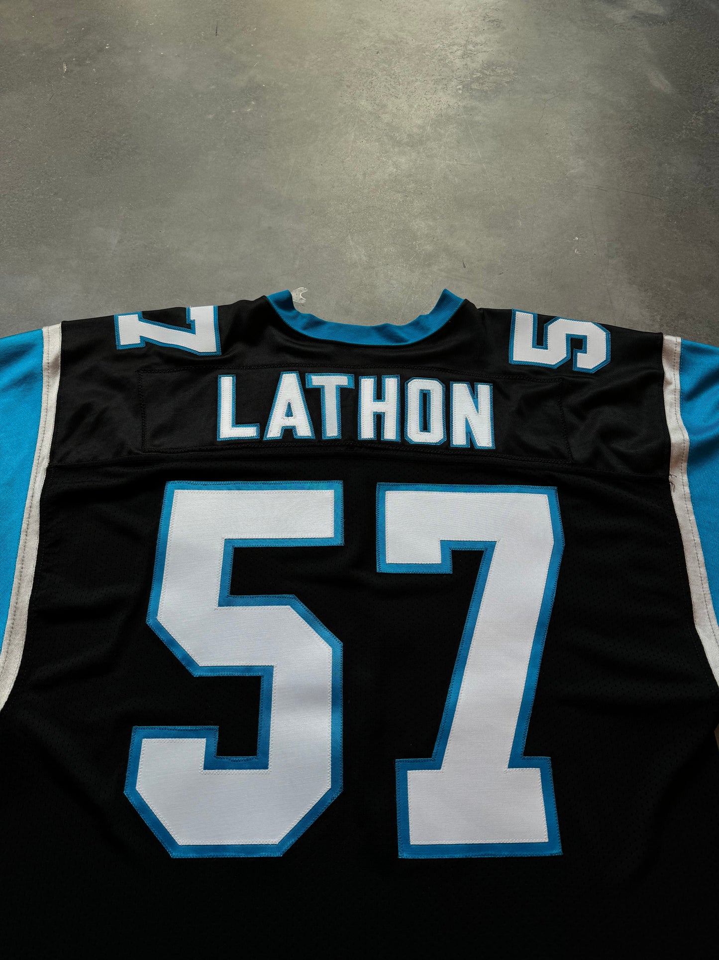1995 Carolina Panthers Lamar Lathon Inaugural Season Black Russell Athletic Pro Model Fully Embroidered NFL On Field Jersey (52/XXL)
