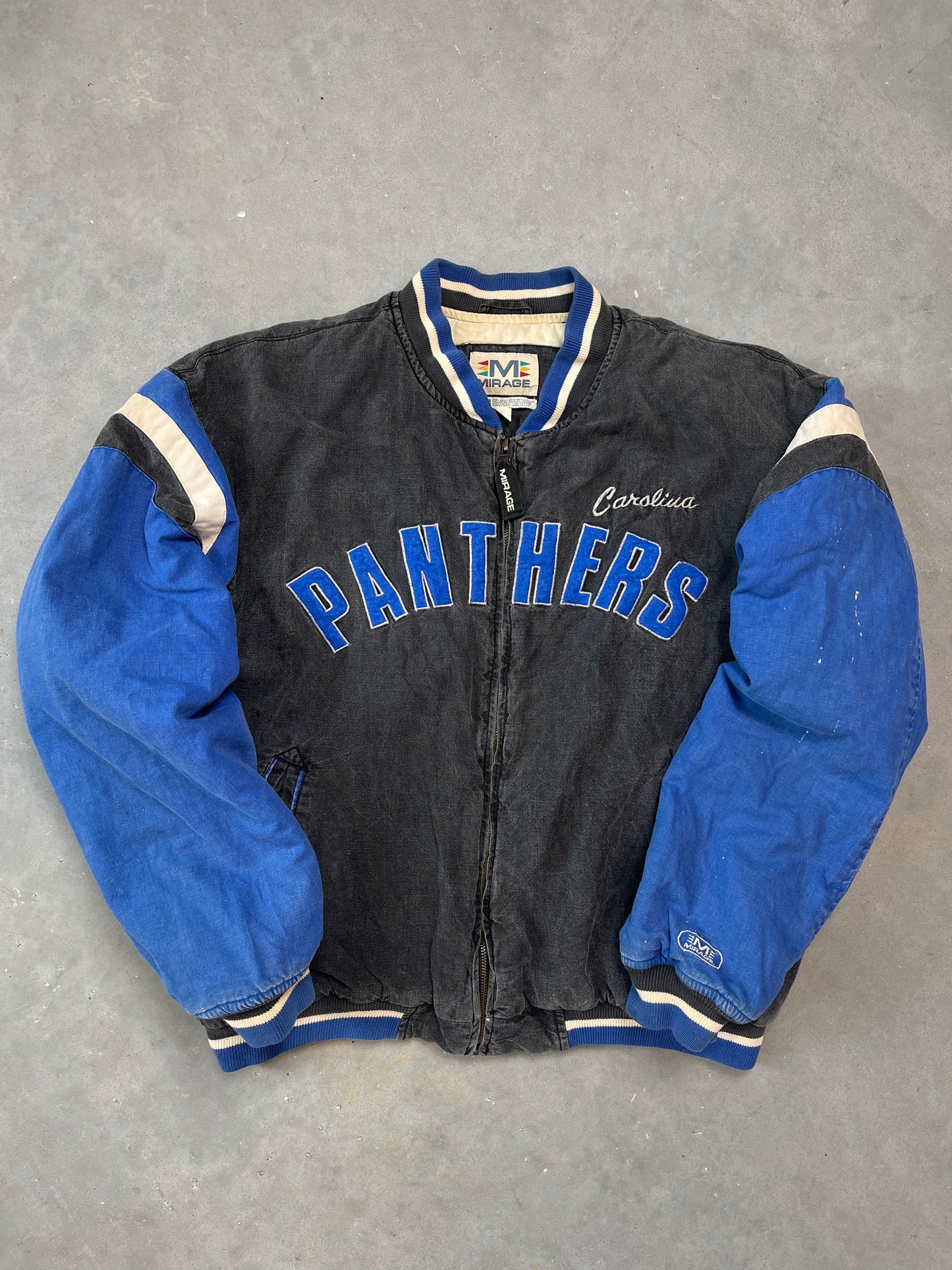 90’s Carolina Panthers Vintage Mirage Washed Out Cotton NFL Bomber Jacket (Large)