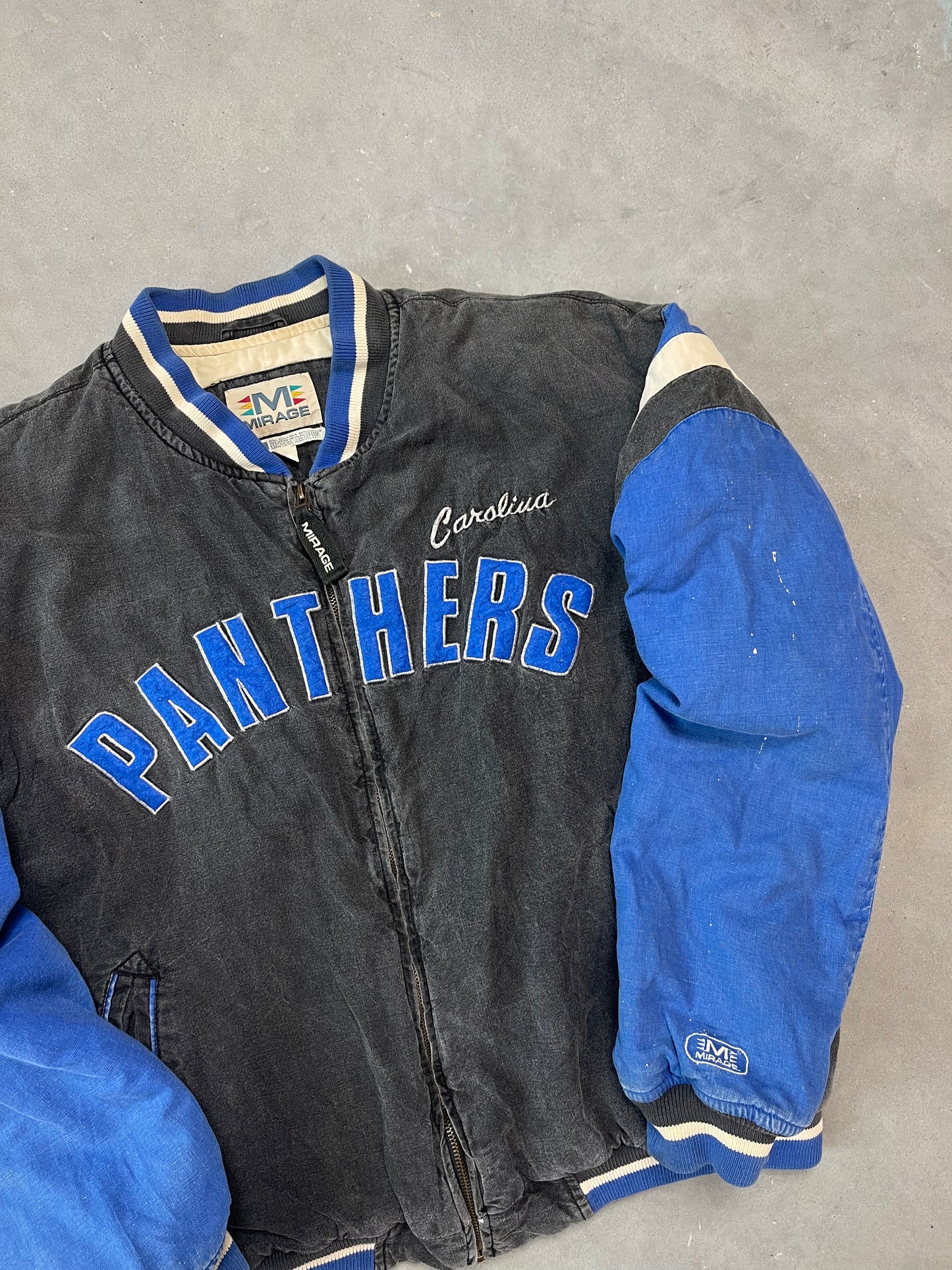 90’s Carolina Panthers Vintage Mirage Washed Out Cotton NFL Bomber Jacket (Large)