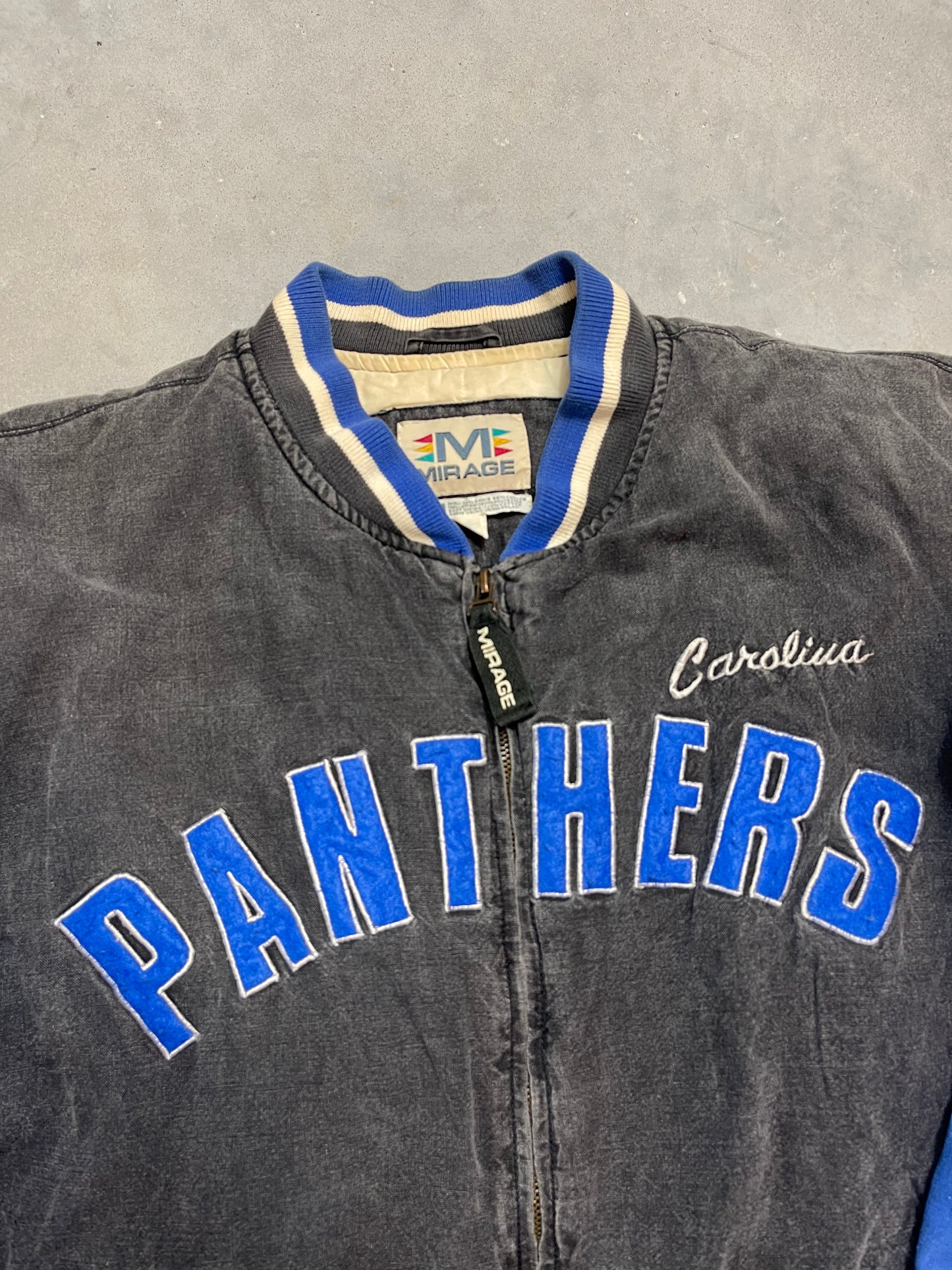 90’s Carolina Panthers Vintage Mirage Washed Out Cotton NFL Bomber Jacket (Large)