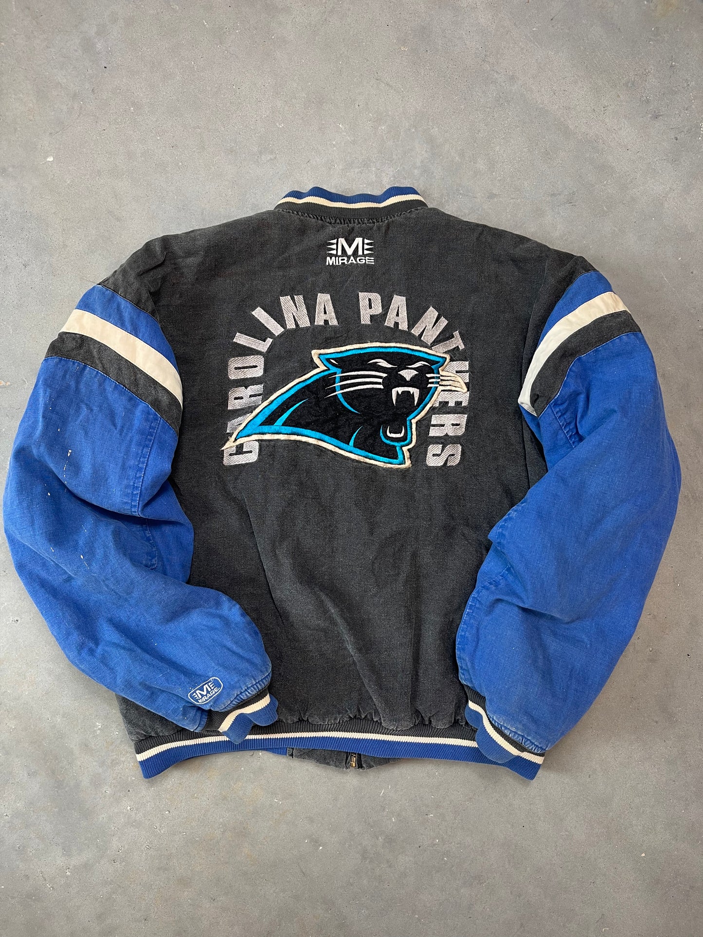 90’s Carolina Panthers Vintage Mirage Washed Out Cotton NFL Bomber Jacket (Large)