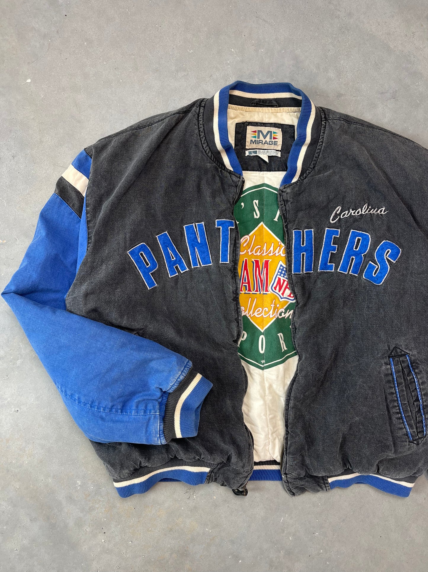 90’s Carolina Panthers Vintage Mirage Washed Out Cotton NFL Bomber Jacket (Large)