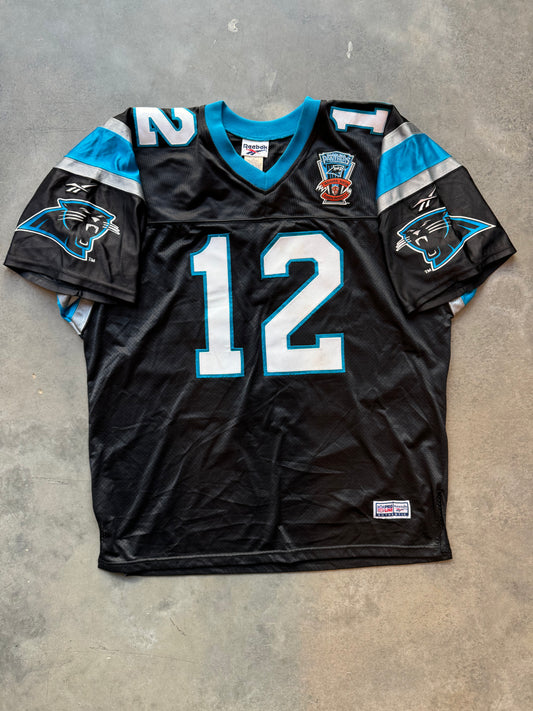 1995 Carolina Panthers Kerry Collins Inaugural Season Patch Vintage Black Reebok NFL Fully Embroidered On Field Authentic Jersey (XXL)