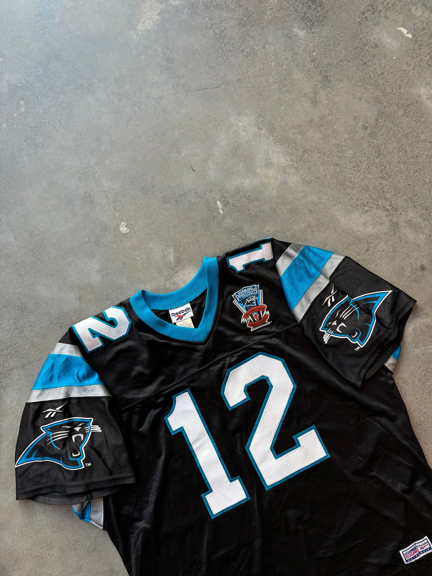 1995 Carolina Panthers Kerry Collins Inaugural Season Patch Vintage Black Reebok NFL Fully Embroidered On Field Authentic Jersey (XXL)