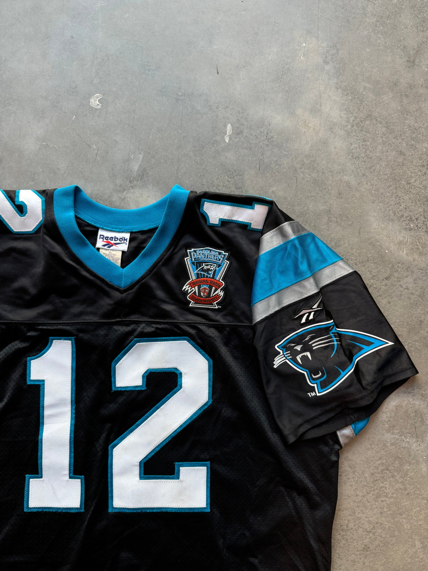 1995 Carolina Panthers Kerry Collins Inaugural Season Patch Vintage Black Reebok NFL Fully Embroidered On Field Authentic Jersey (XXL)