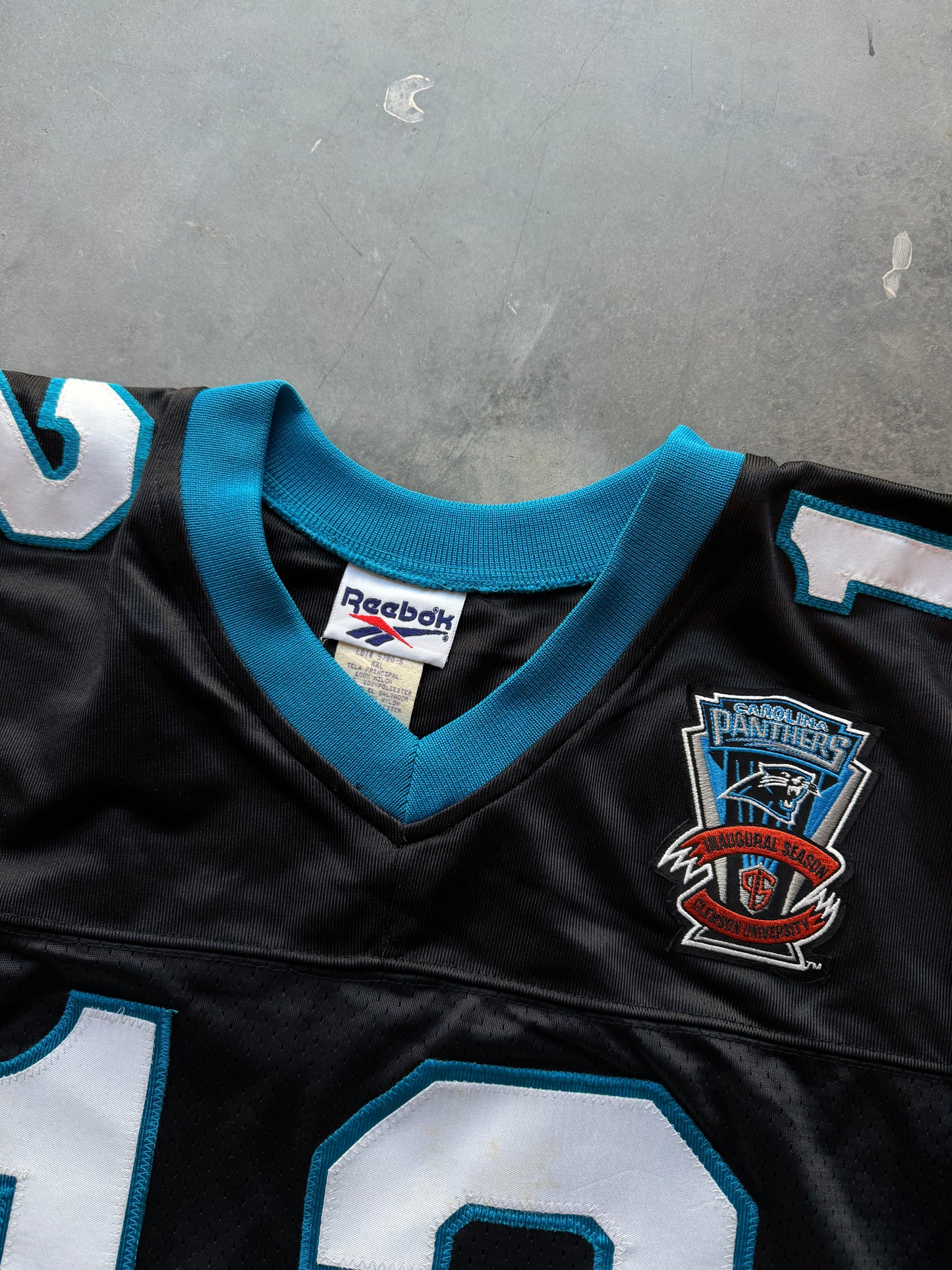 1995 Carolina Panthers Kerry Collins Inaugural Season Patch Vintage Black Reebok NFL Fully Embroidered On Field Authentic Jersey (XXL)