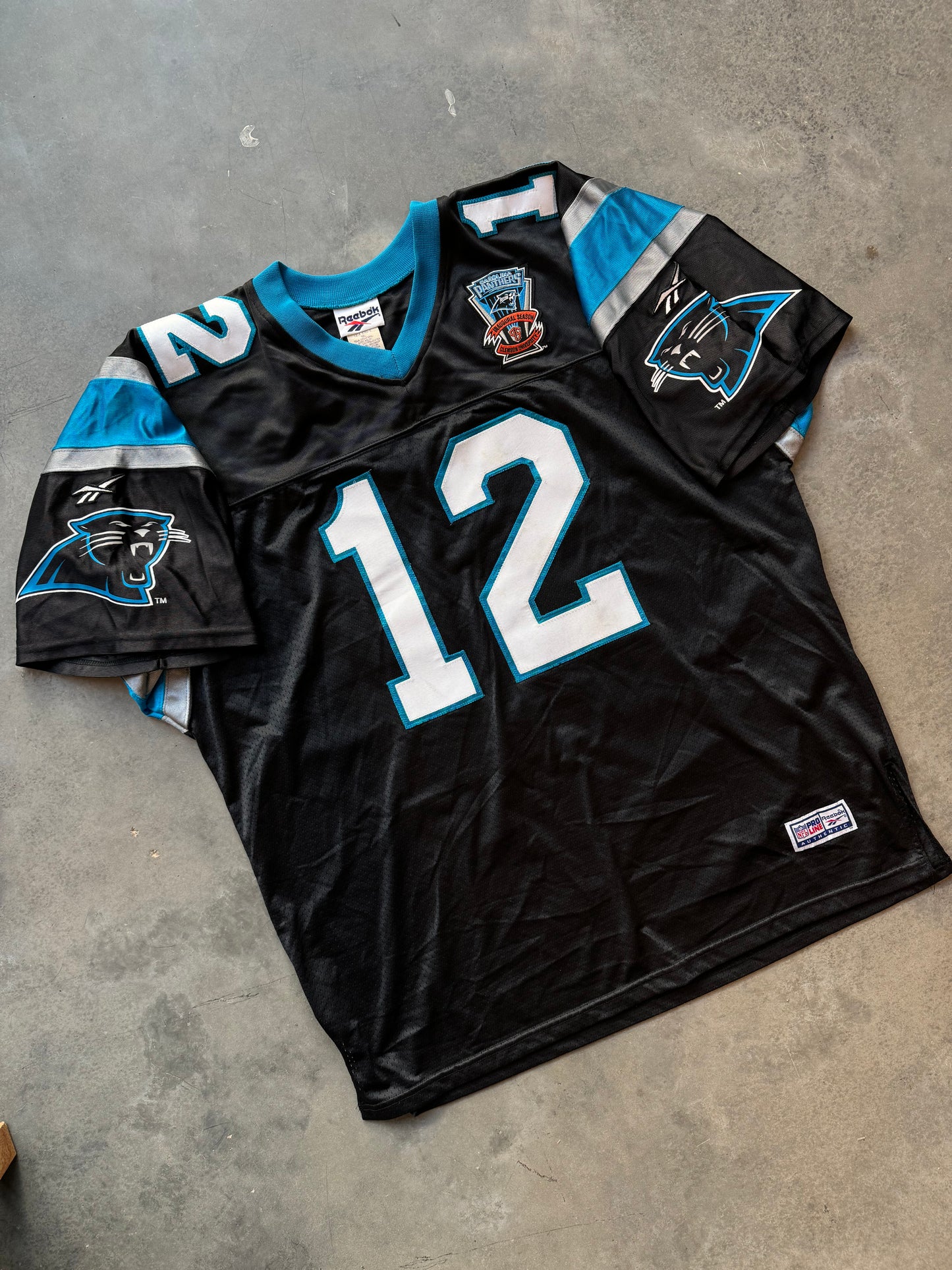 1995 Carolina Panthers Kerry Collins Inaugural Season Patch Vintage Black Reebok NFL Fully Embroidered On Field Authentic Jersey (XXL)
