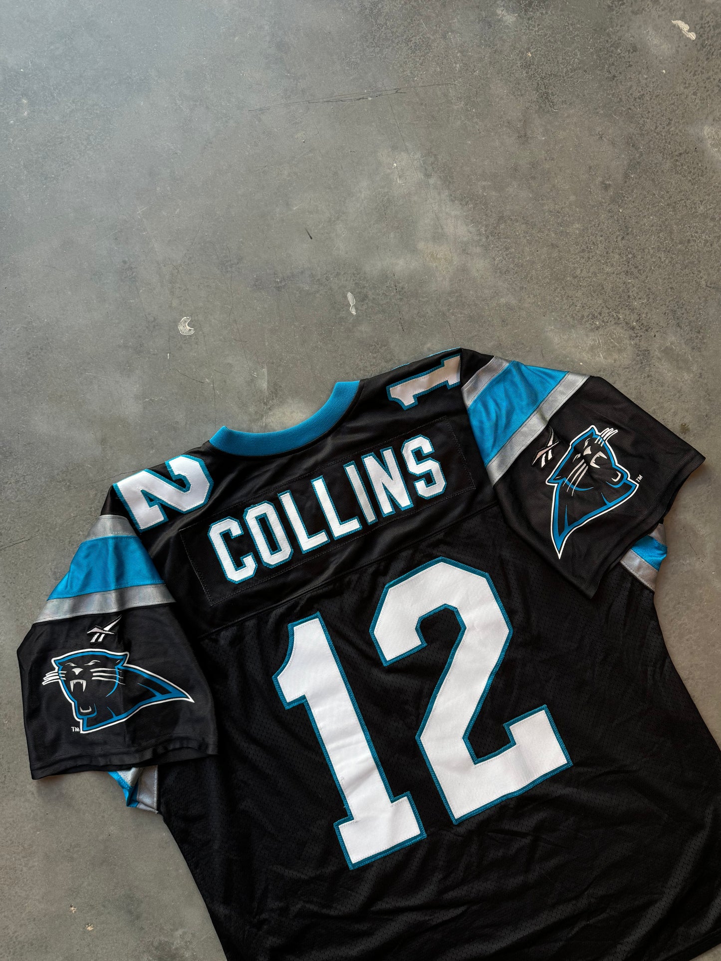 1995 Carolina Panthers Kerry Collins Inaugural Season Patch Vintage Black Reebok NFL Fully Embroidered On Field Authentic Jersey (XXL)