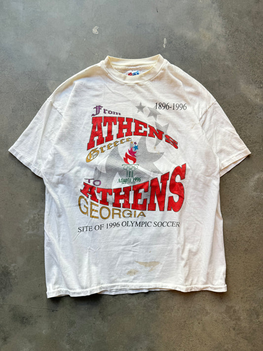 1996 Atlanta “From Athens to Athens”Vintage White Summer Olympics Paint Distressed Tee (XL)