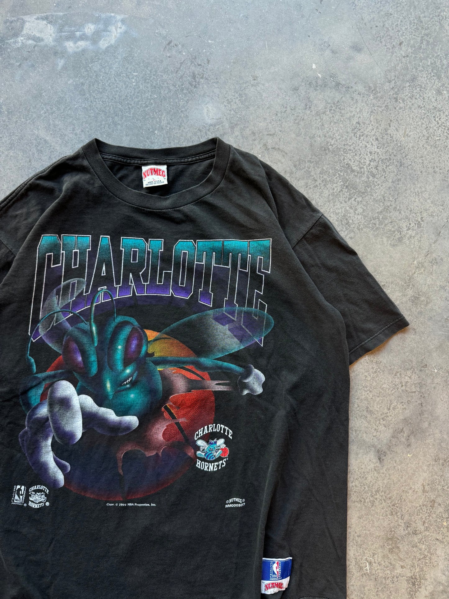 1994 Charlotte Hornets Vintage Black Nutmeg Mills Hugo Breakthrough NBA Tee (XL)