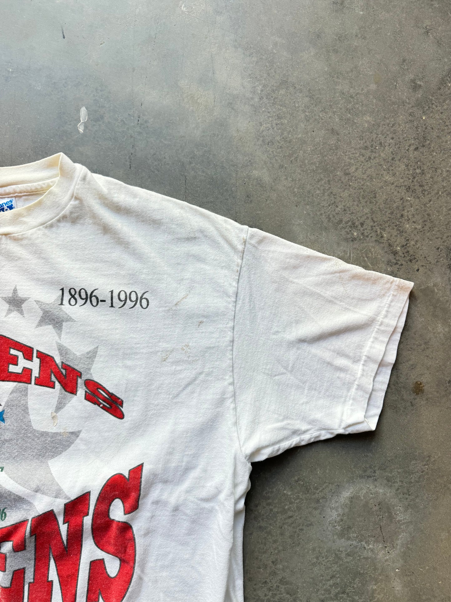 1996 Atlanta “From Athens to Athens”Vintage White Summer Olympics Paint Distressed Tee (XL)