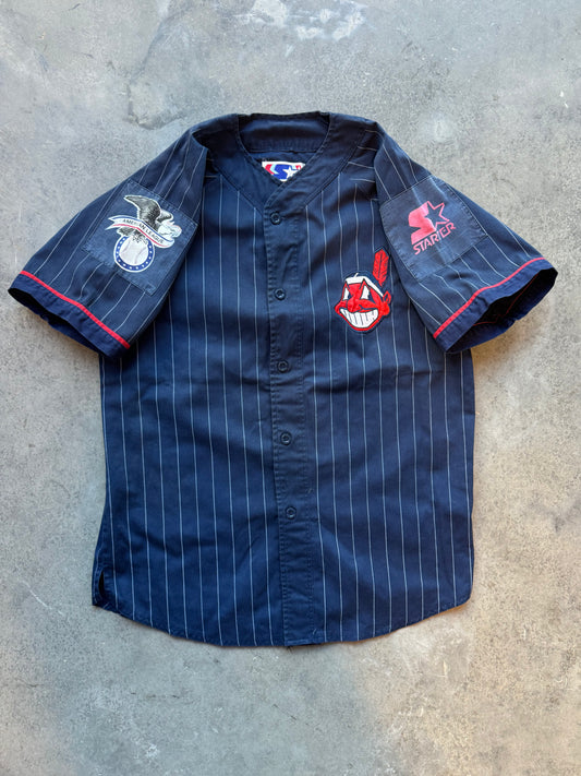 90’s Cleveland Indians Vintage Starter Navy Blue Pinstriped MLB Jersey (Medium)