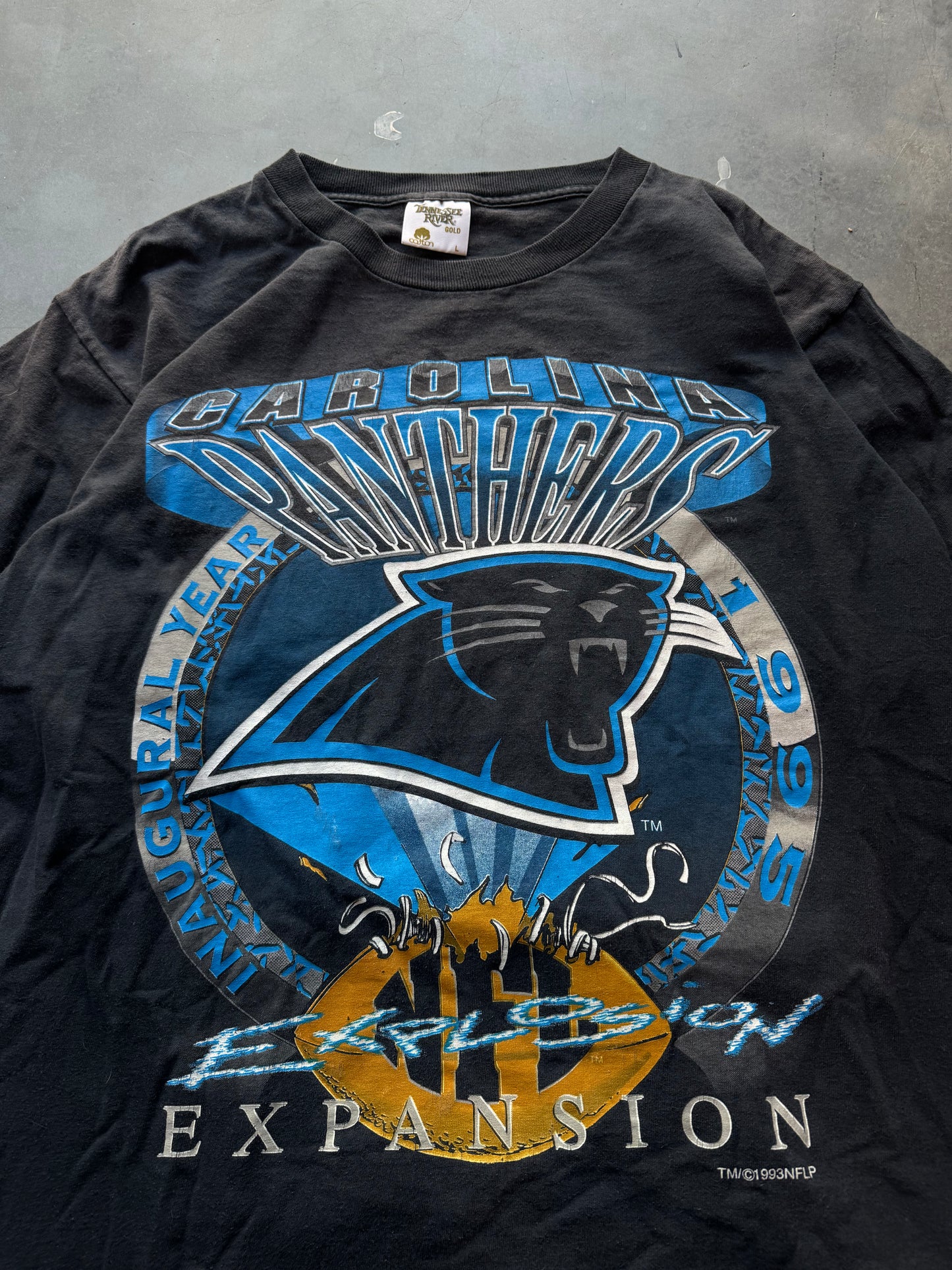1993 Carolina Panthers Inaugural Season Vintage Black Shirt Xplosion NFL Tee (Large)