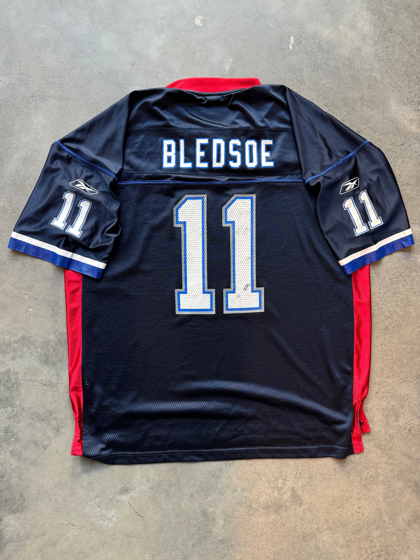 00’s Buffalo Bills Drew Bledsoe Vintage Navy Blue Reebok NFL Jersey (XL)