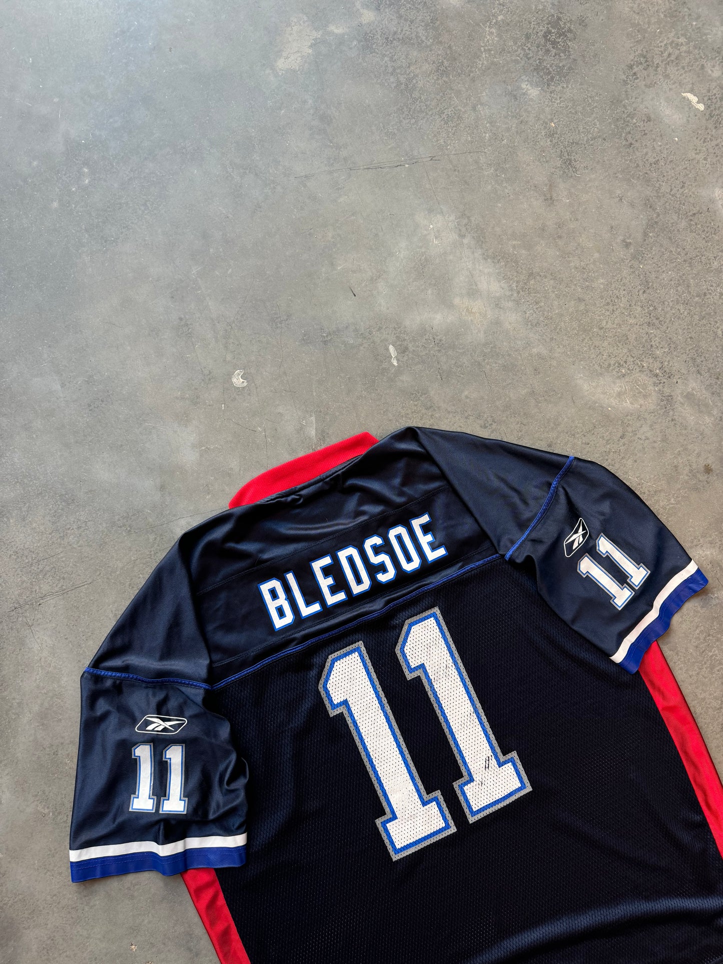 00’s Buffalo Bills Drew Bledsoe Vintage Navy Blue Reebok NFL Jersey (XL)