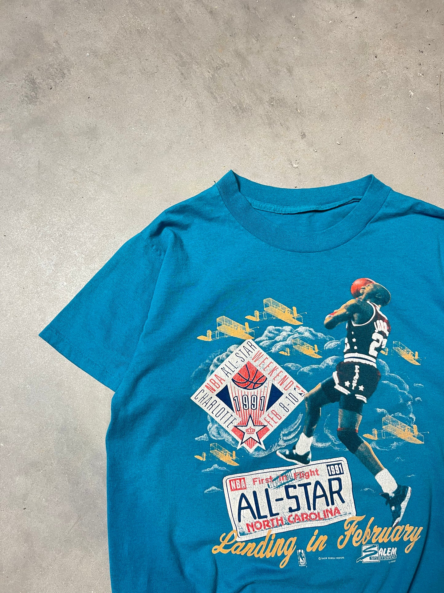 1991 Charlotte NBA All Star Weekend Michael Jordan Landing in February Salem Sportswear Tee (Medium)