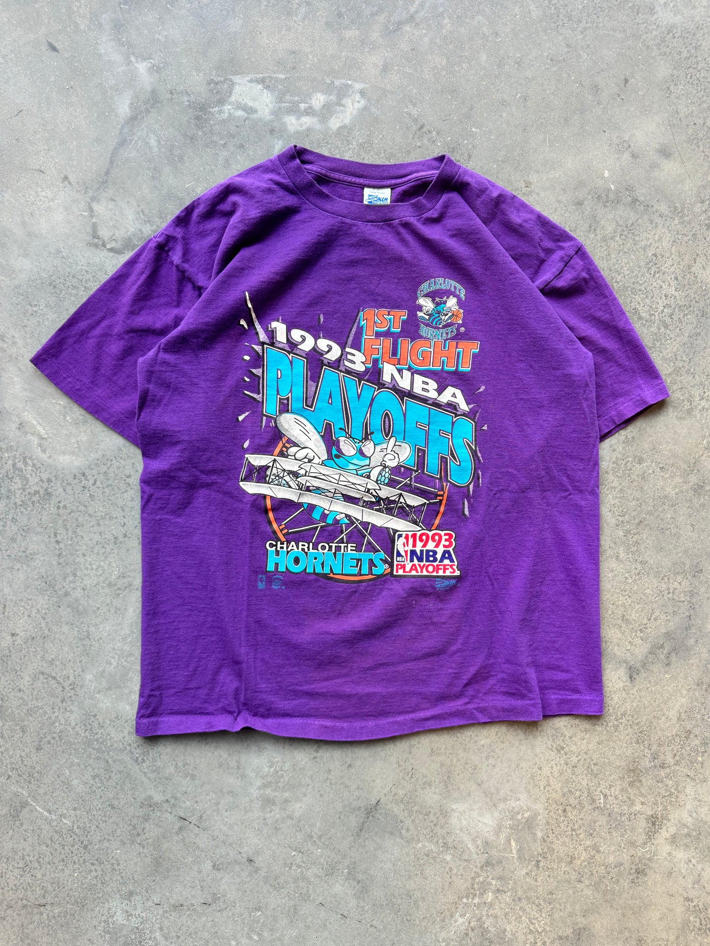 1993 Charlotte Hornets Vintage 1st Flight NBA Playoffs Wright Brothers Style Salem Sportswear Tee (Large)