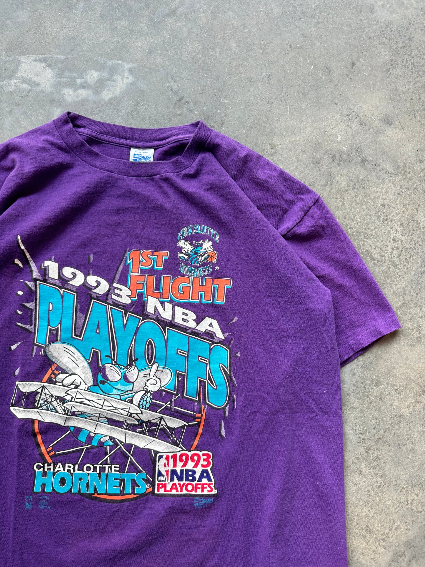 1993 Charlotte Hornets Vintage 1st Flight NBA Playoffs Wright Brothers Style Salem Sportswear Tee (Large)