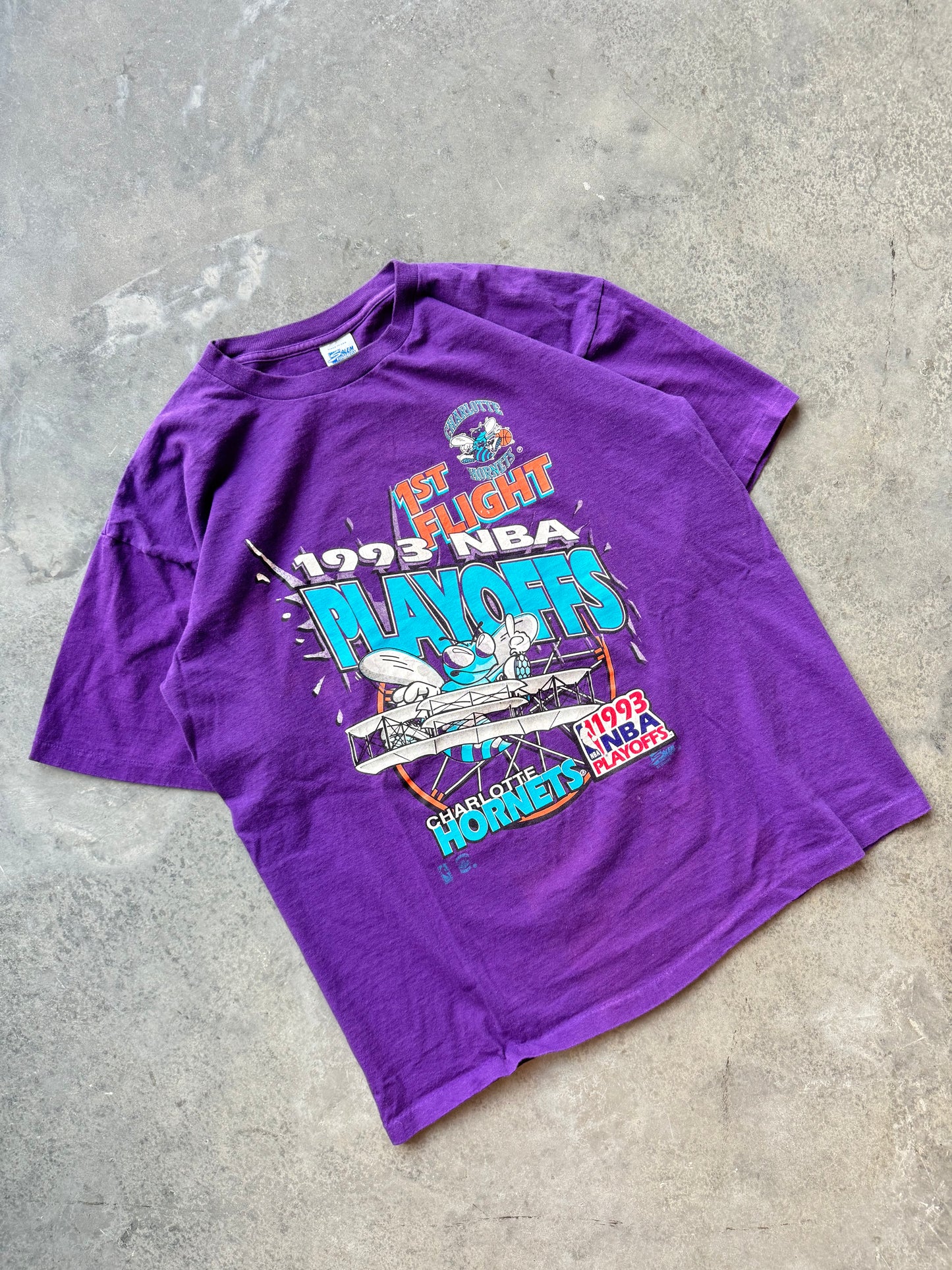 1993 Charlotte Hornets Vintage 1st Flight NBA Playoffs Wright Brothers Style Salem Sportswear Tee (Large)