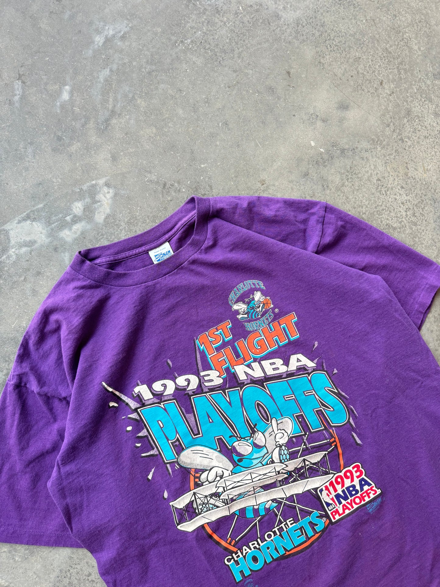 1993 Charlotte Hornets Vintage 1st Flight NBA Playoffs Wright Brothers Style Salem Sportswear Tee (Large)