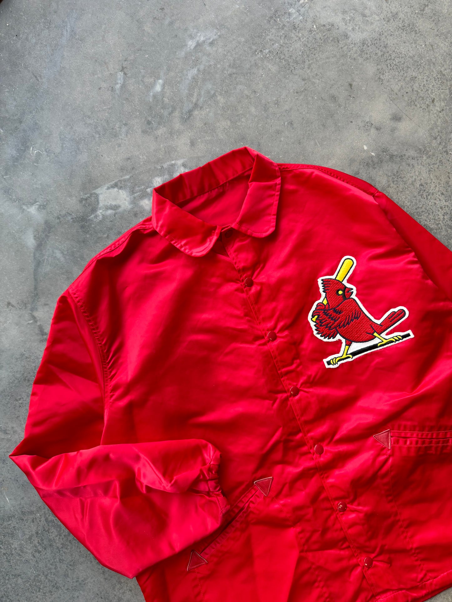 80’s St. Louis Cardinals Vintage Red Satin Rawlings Team Issued MLB Bench Jacket (XL)