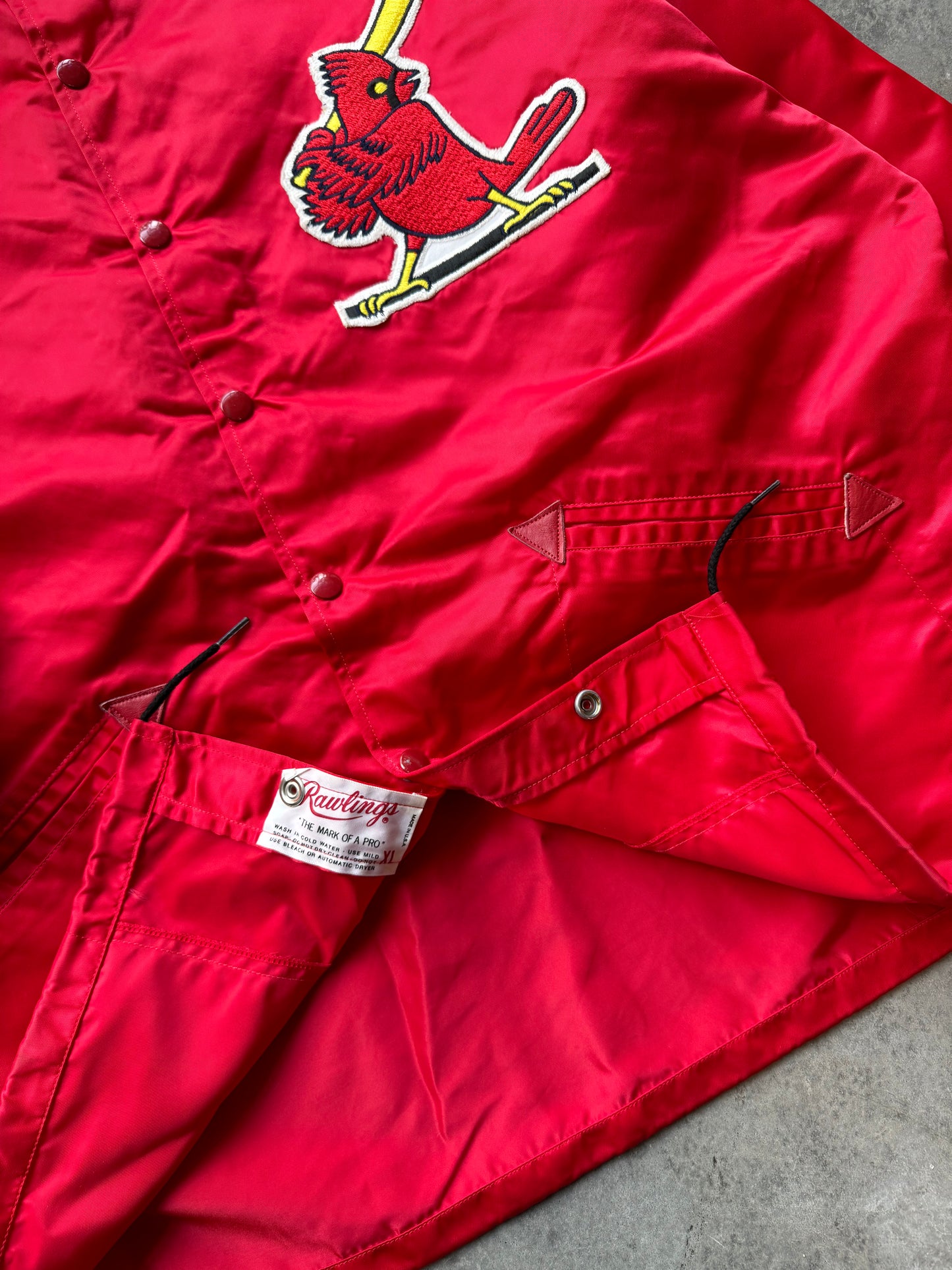 80’s St. Louis Cardinals Vintage Red Satin Rawlings Team Issued MLB Bench Jacket (XL)