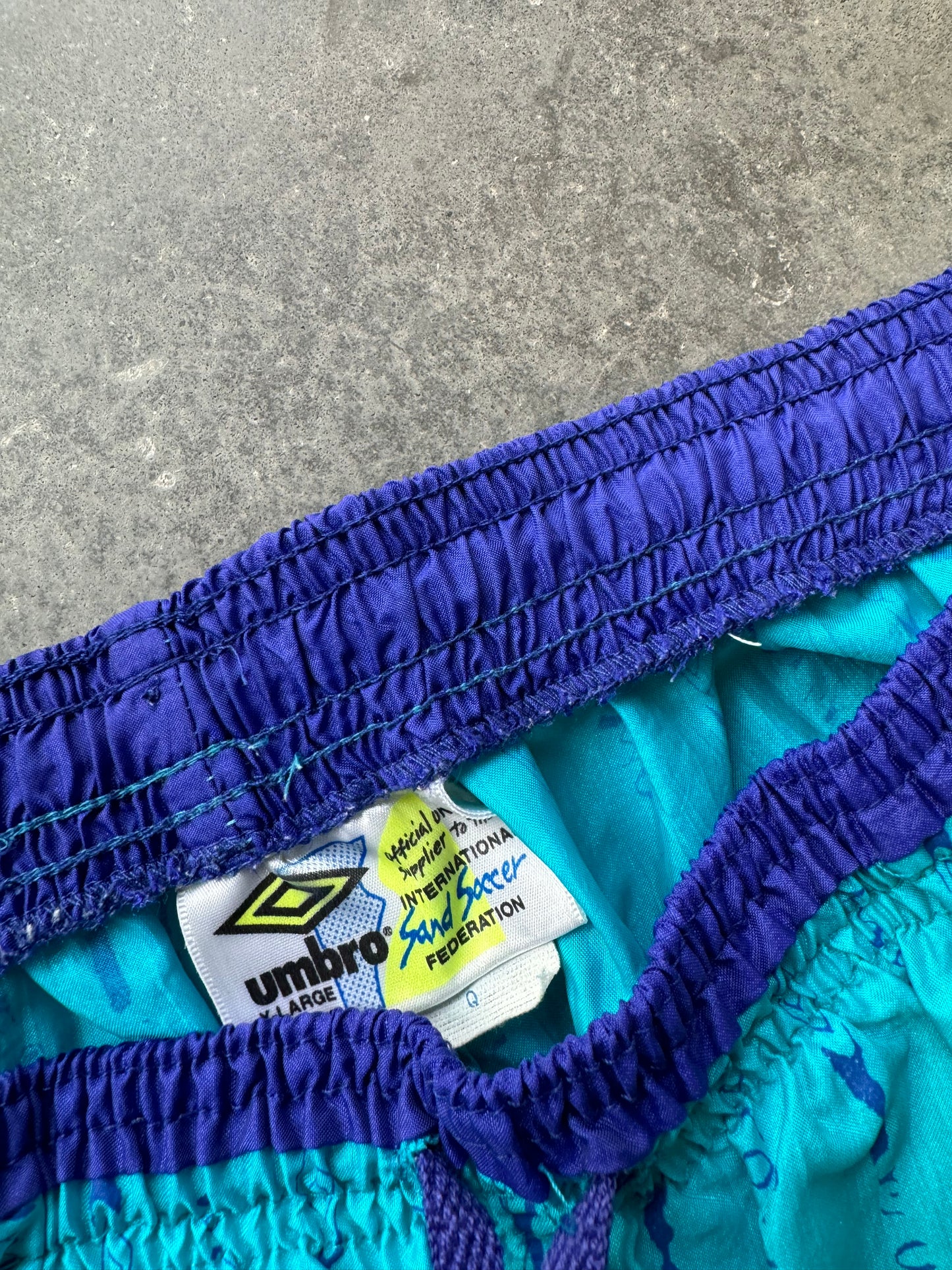 90’s Umbro Vintage Teal/Purple Pinstriped Nylon Shorts (XL)