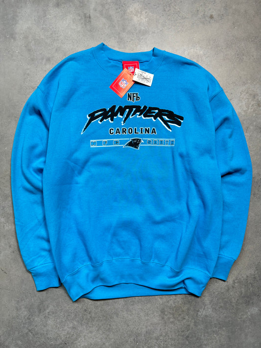 00’s Carolina Panthers Vintage Blue Cat Scratch Font Spellout NFL Crewneck - Deadstock (Large)