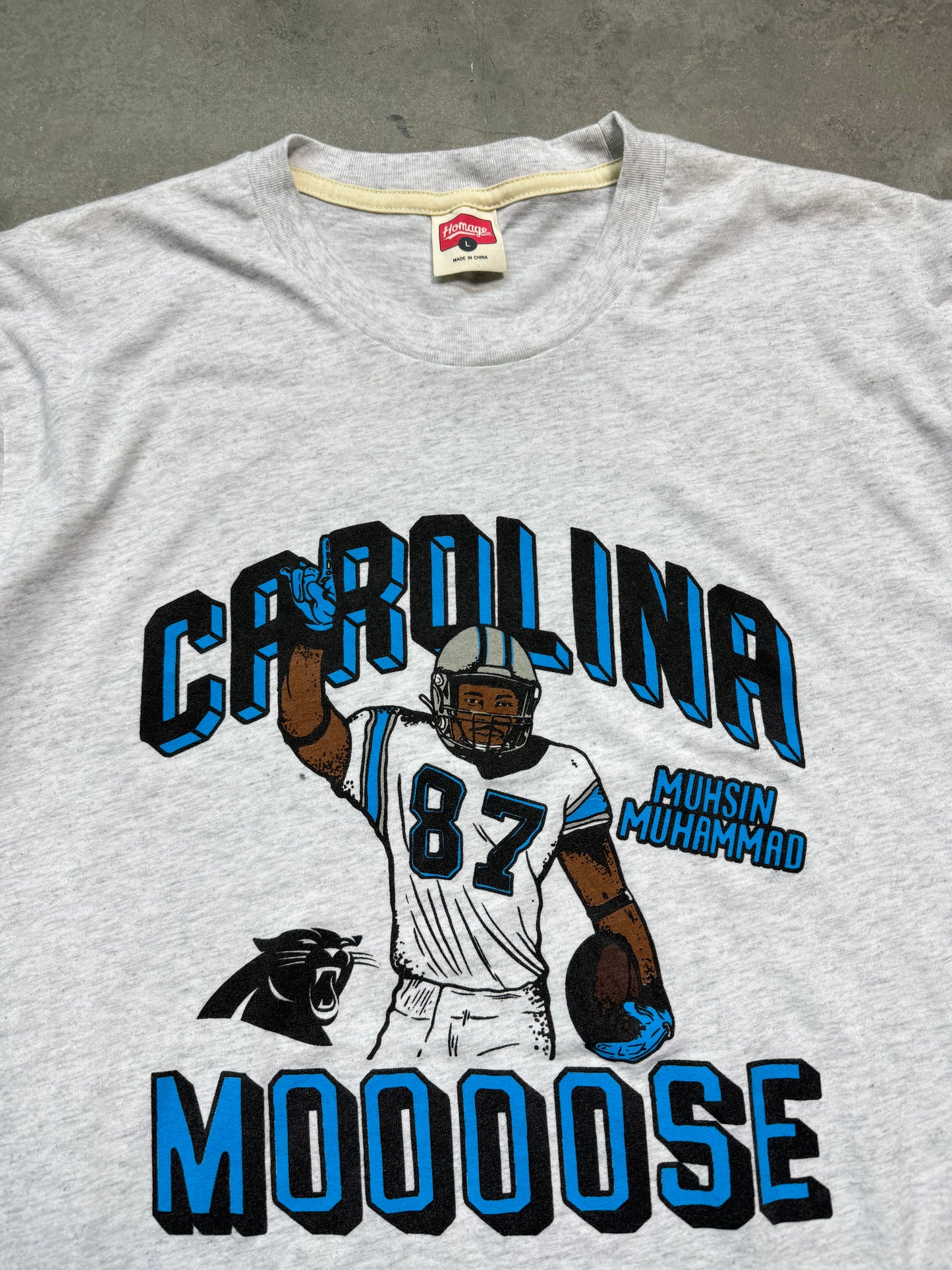 Carolina Panthers Muhsin Muhammad “Moooose” Heather Grey Homage NFL Tee (Large)