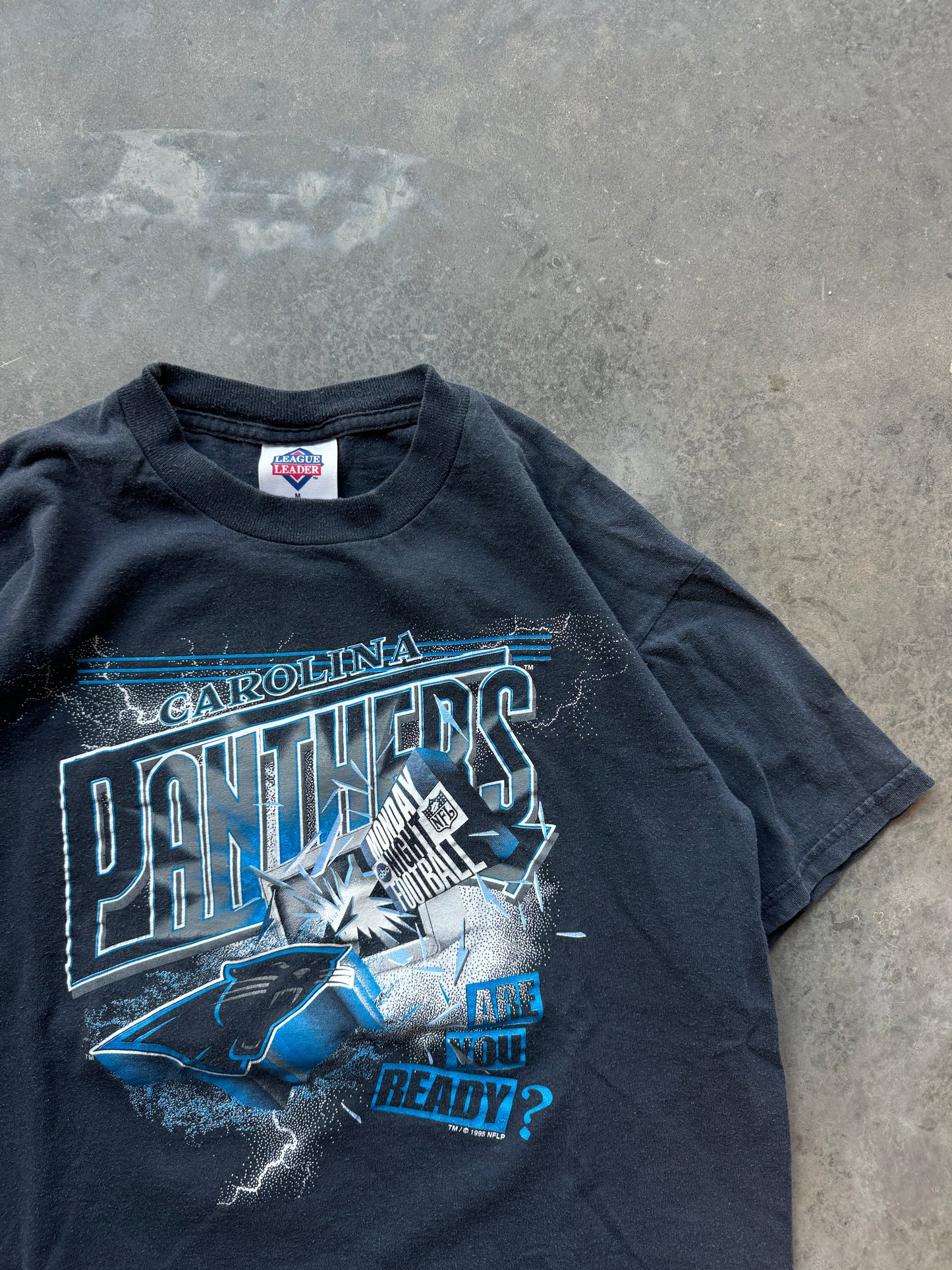 1995 Carolina Panthers Vintage Faded Black Monday Night Football Inaugural Season NFL Tee (Small)