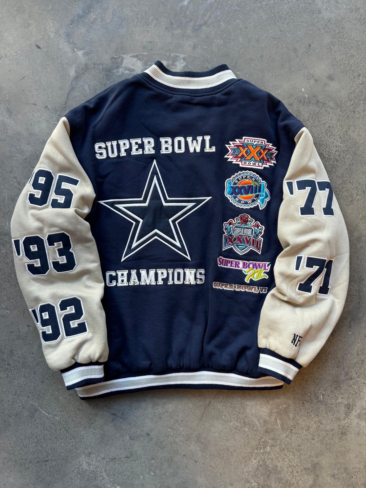 00’s Dallas Cowboys Vintage 5 Time Super Bowl Champions NFL Patch Letterman Varsity Jacket (XXL)