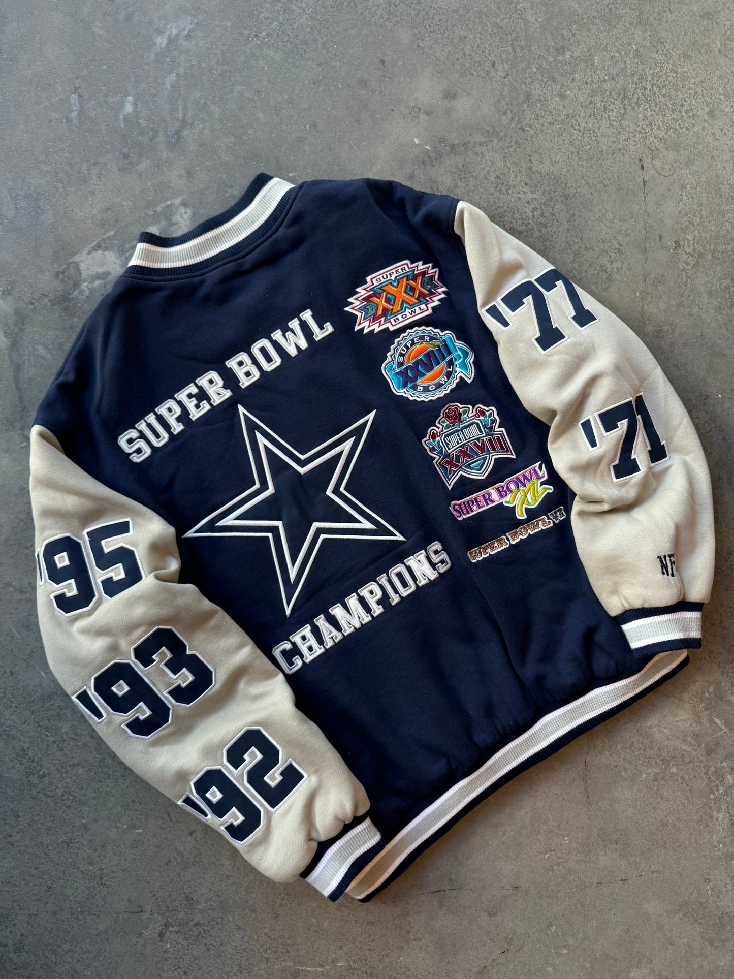 00’s Dallas Cowboys Vintage 5 Time Super Bowl Champions NFL Patch Letterman Varsity Jacket (XXL)