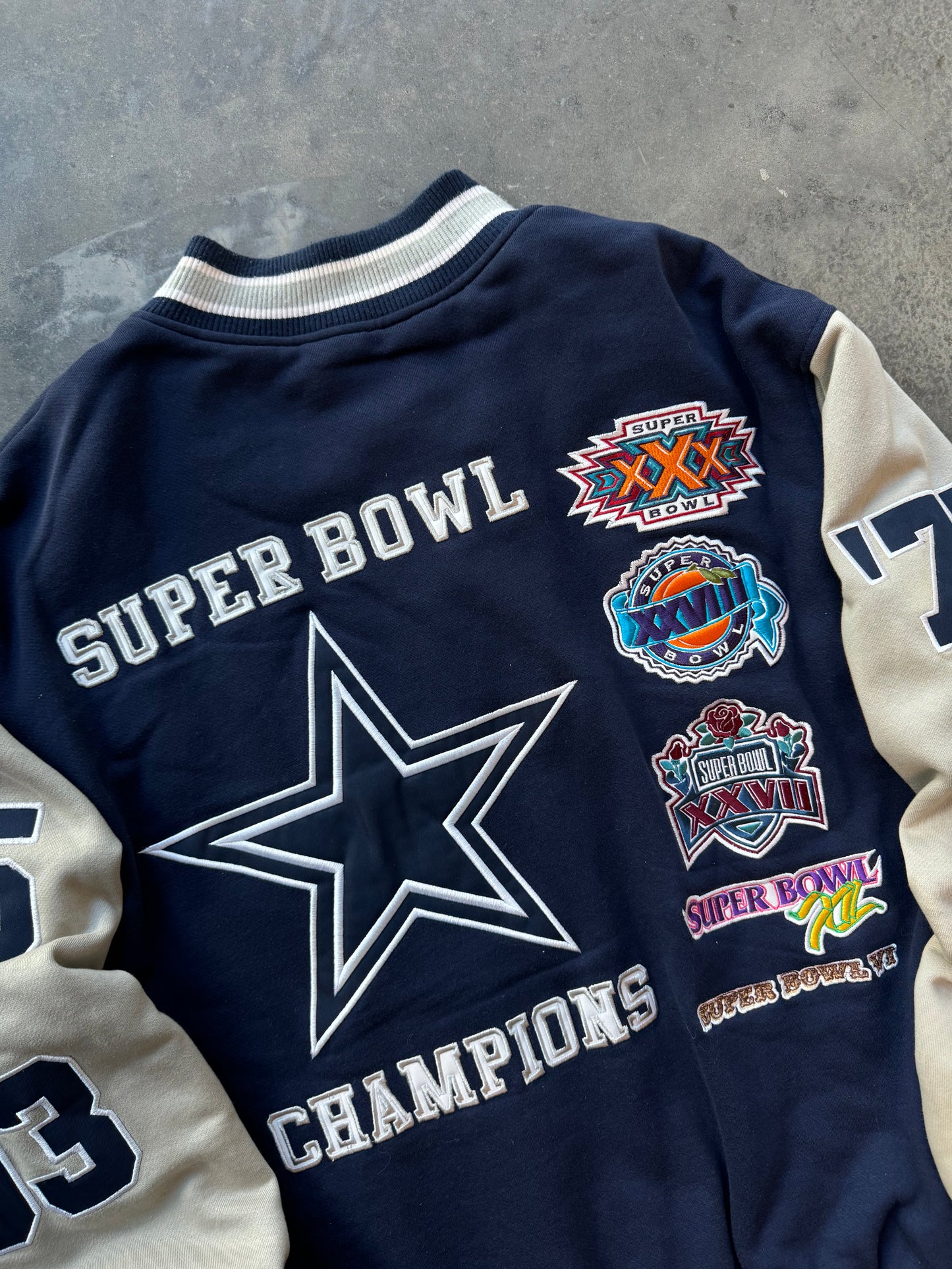 00’s Dallas Cowboys Vintage 5 Time Super Bowl Champions NFL Patch Letterman Varsity Jacket (XXL)