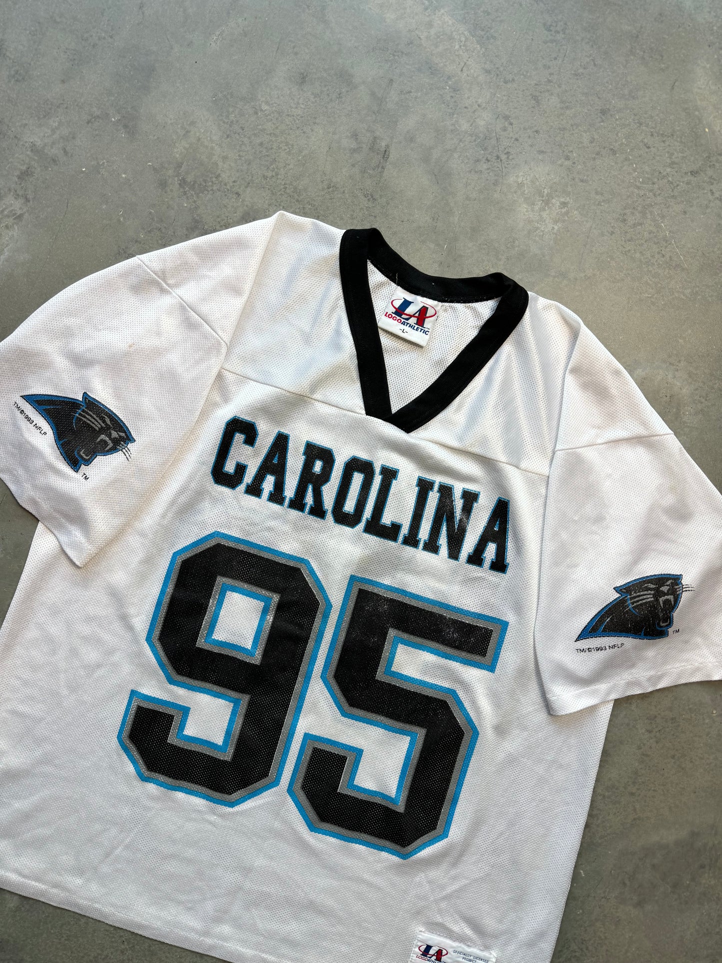 1993 Carolina Panthers Vintage White Mesh Logo Athletic NFL Practice Jersey (Large)