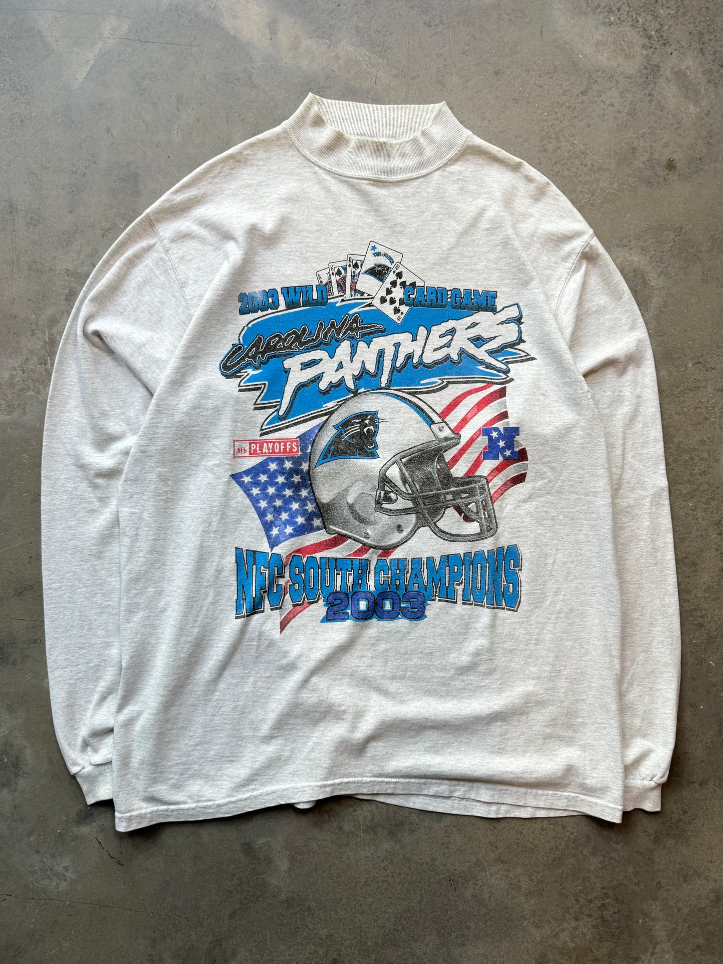 2003 Carolina Panthers Vintage Heather Grey Wild Card Playoffs Roster Mock Neck NFL Longsleeve Tee (XL)