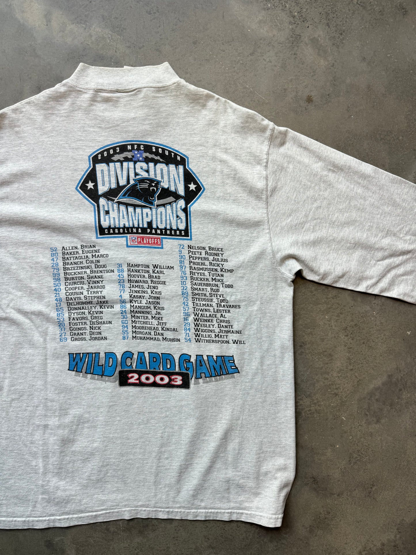 2003 Carolina Panthers Vintage Heather Grey Wild Card Playoffs Roster Mock Neck NFL Longsleeve Tee (XL)