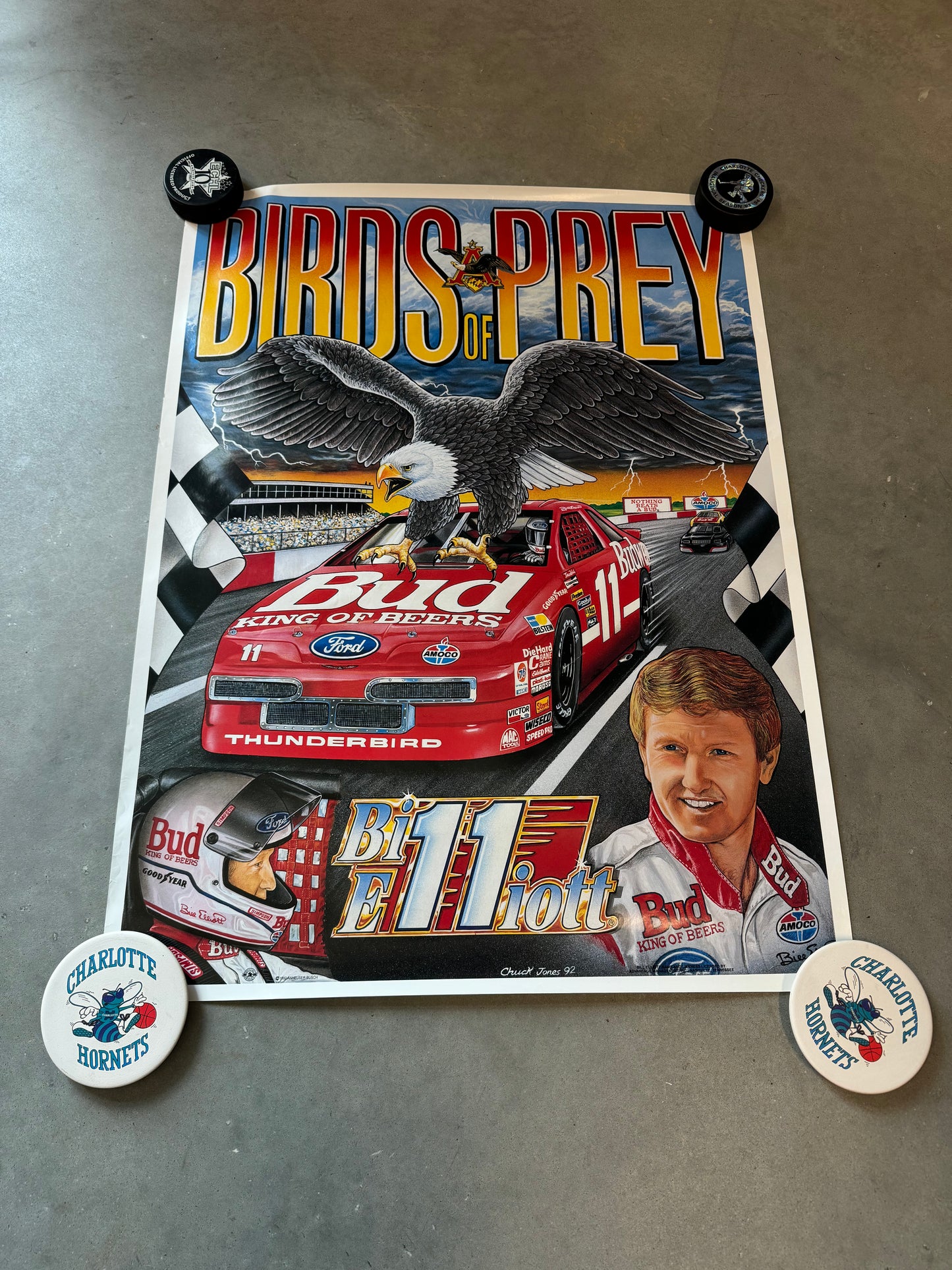 1992 Bill Elliott “Birds of Prey” Vintage Budweiser Ford Thunderbird NASCAR Racing Poster - Brand New (22.5”x30.5”)