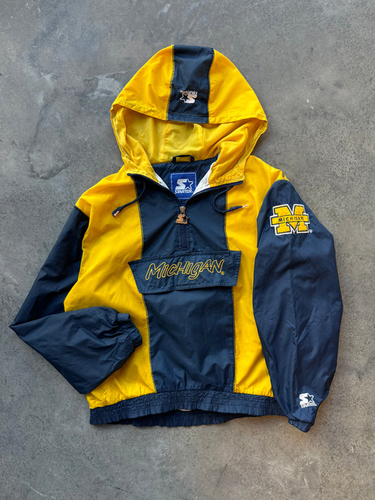 90’s Michigan Wolverines Vintage Half Zip Starter Colorblocked College Windbreaker Jacket (Youth Large)