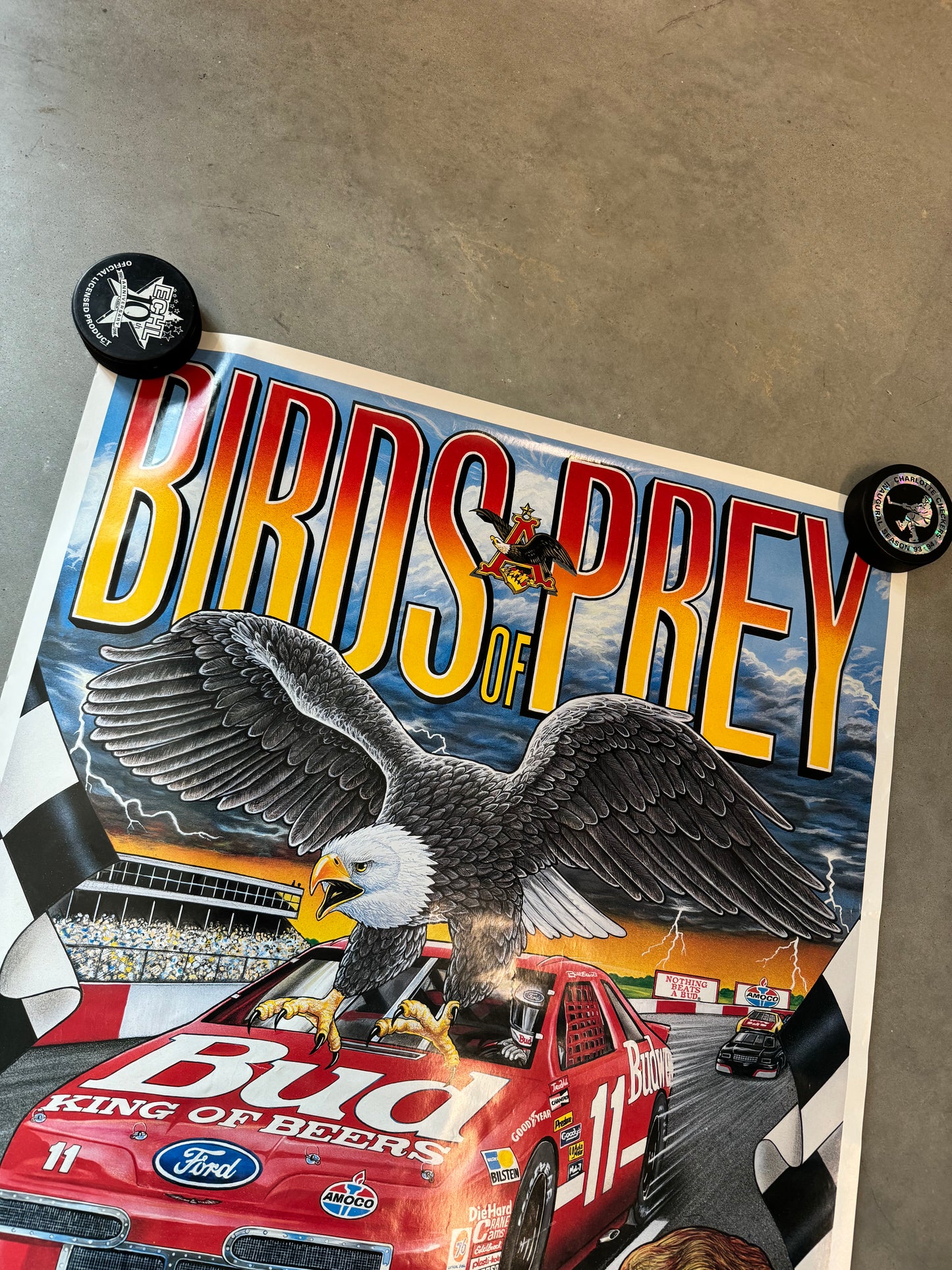 1992 Bill Elliott “Birds of Prey” Vintage Budweiser Ford Thunderbird NASCAR Racing Poster - Brand New (22.5”x30.5”)