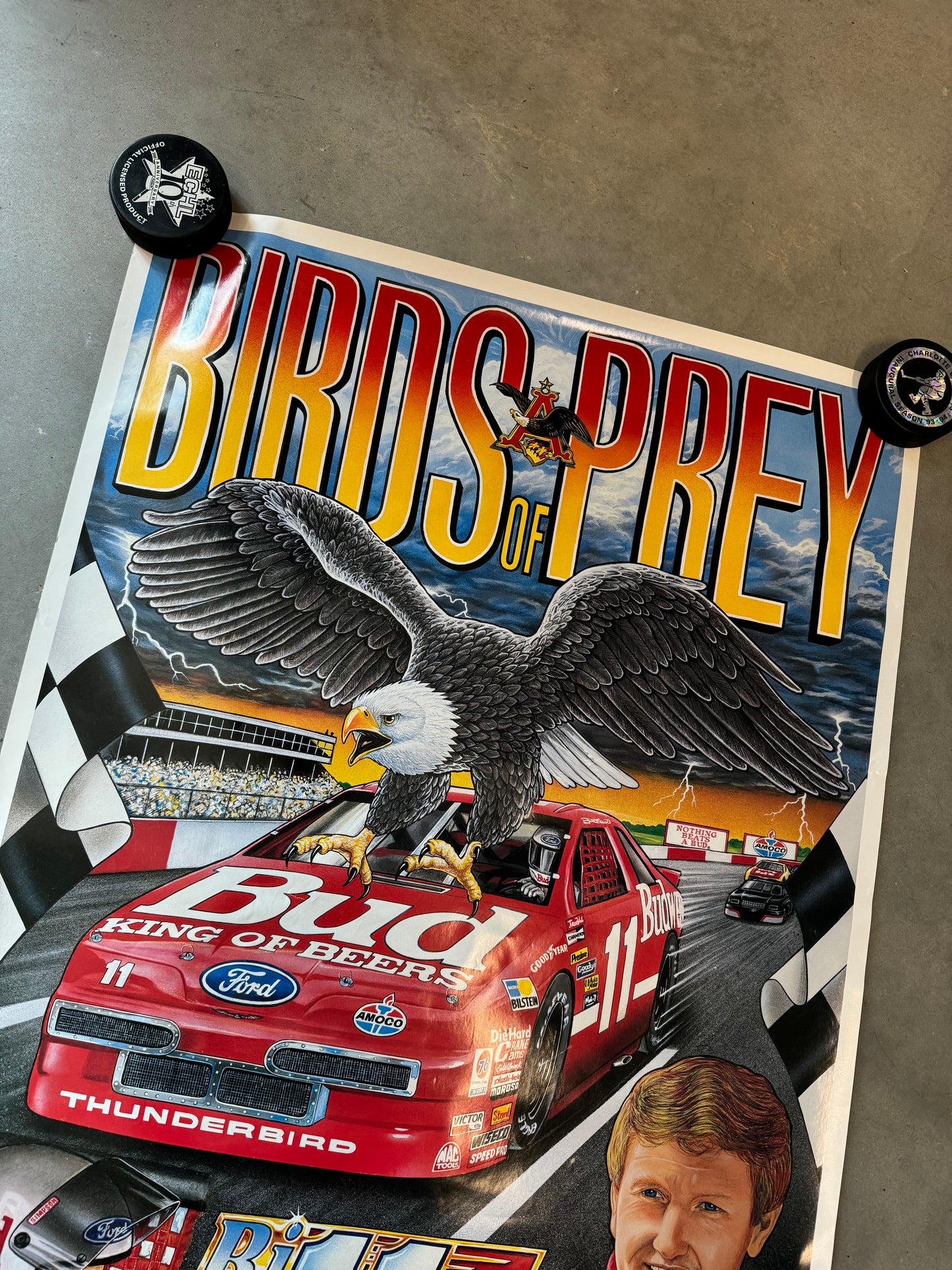 1992 Bill Elliott “Birds of Prey” Vintage Budweiser Ford Thunderbird NASCAR Racing Poster - Brand New (22.5”x30.5”)