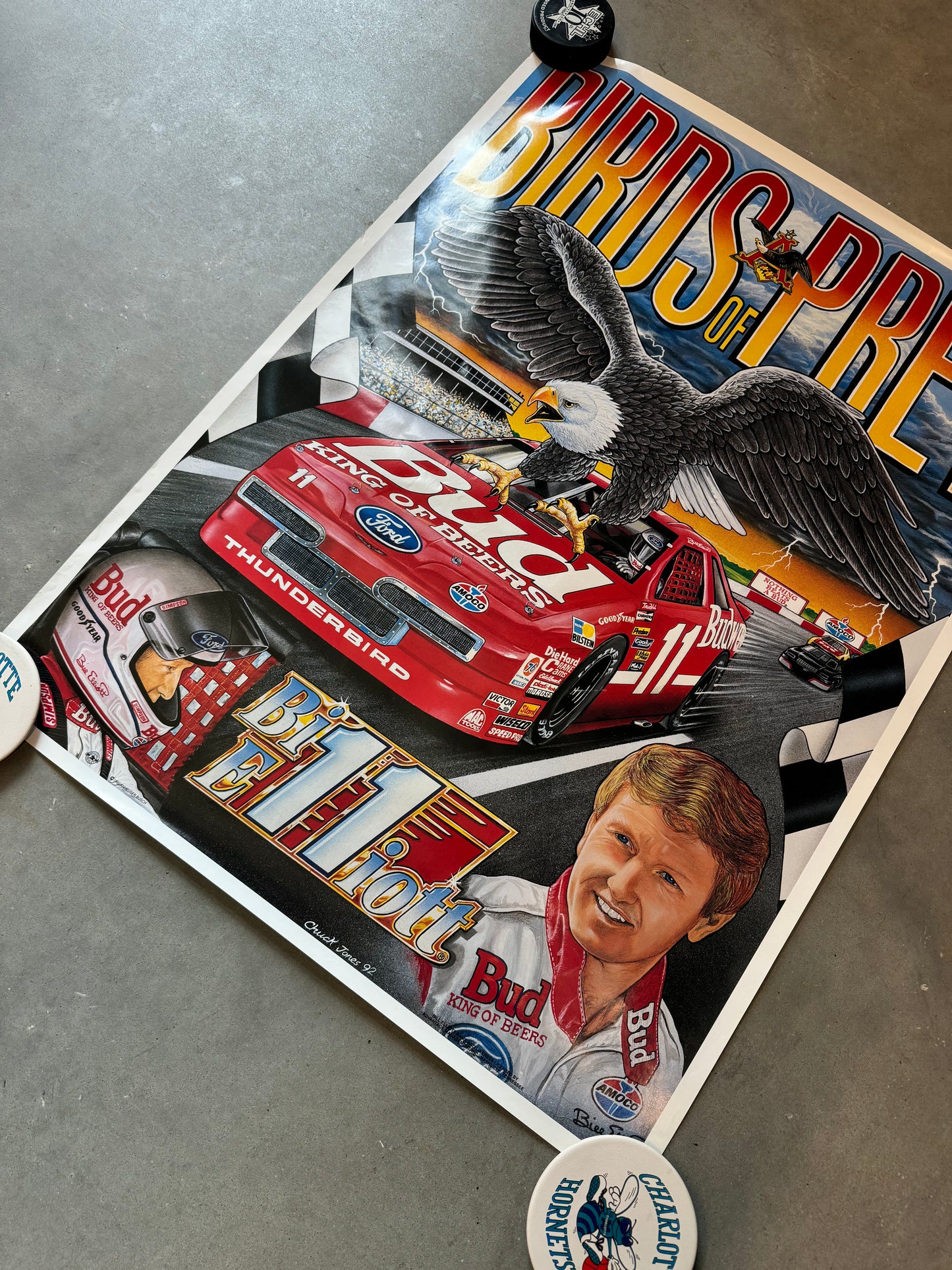 1992 Bill Elliott “Birds of Prey” Vintage Budweiser Ford Thunderbird NASCAR Racing Poster - Brand New (22.5”x30.5”)