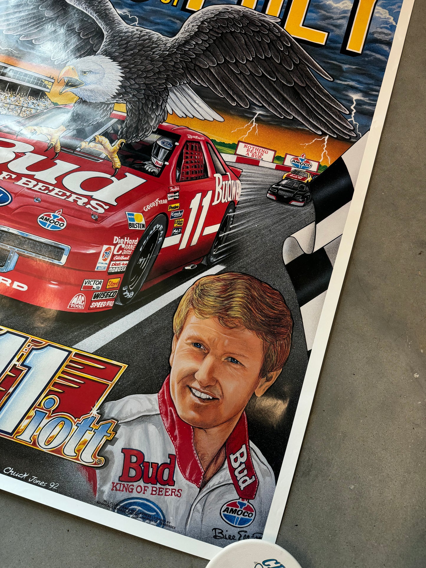 1992 Bill Elliott “Birds of Prey” Vintage Budweiser Ford Thunderbird NASCAR Racing Poster - Brand New (22.5”x30.5”)